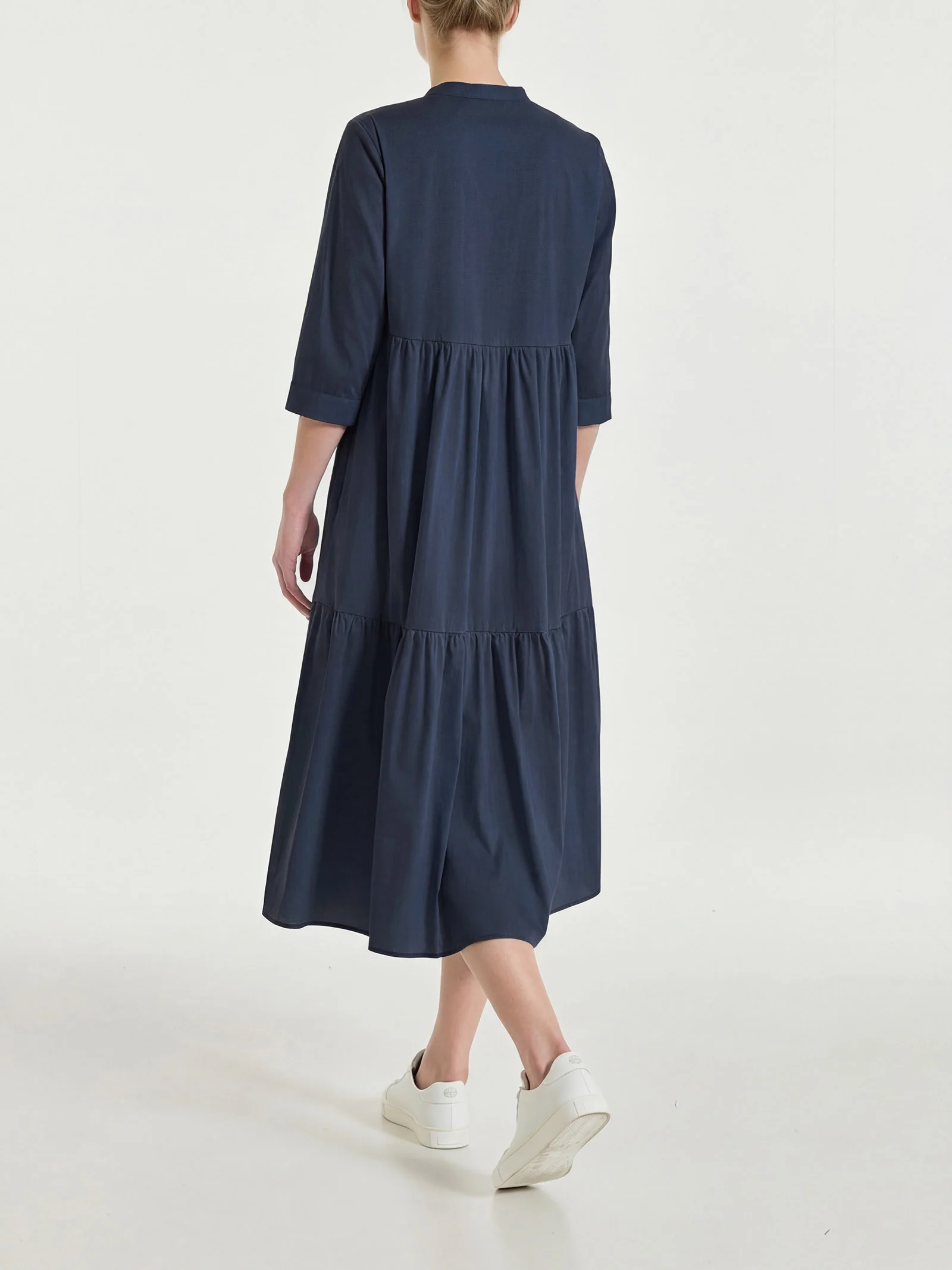 Abito con balze e pieghe frontali in Poplin di Cotone - Bleu - Image 2