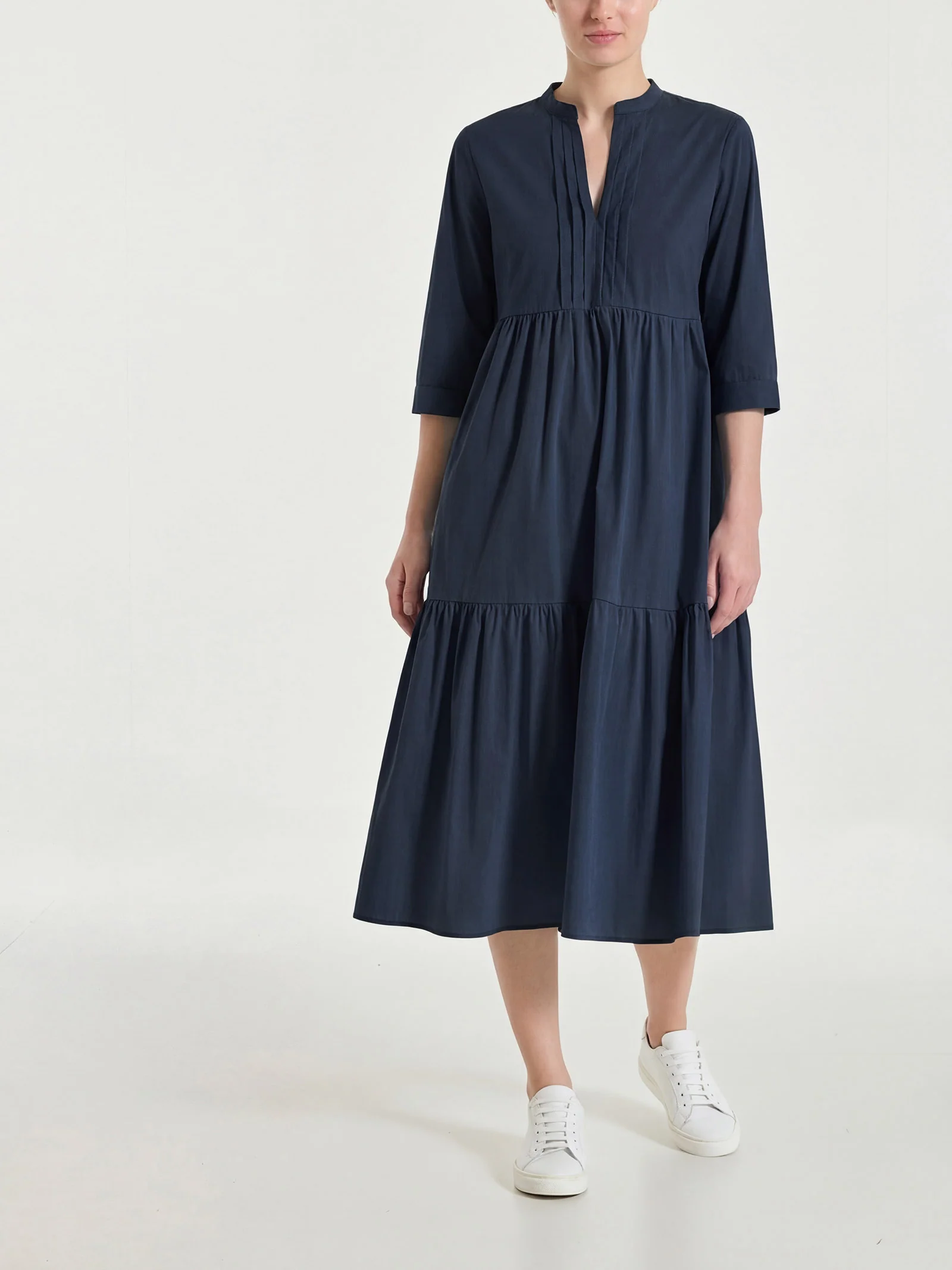 Abito con balze e pieghe frontali in Poplin di Cotone - Bleu - Image 4