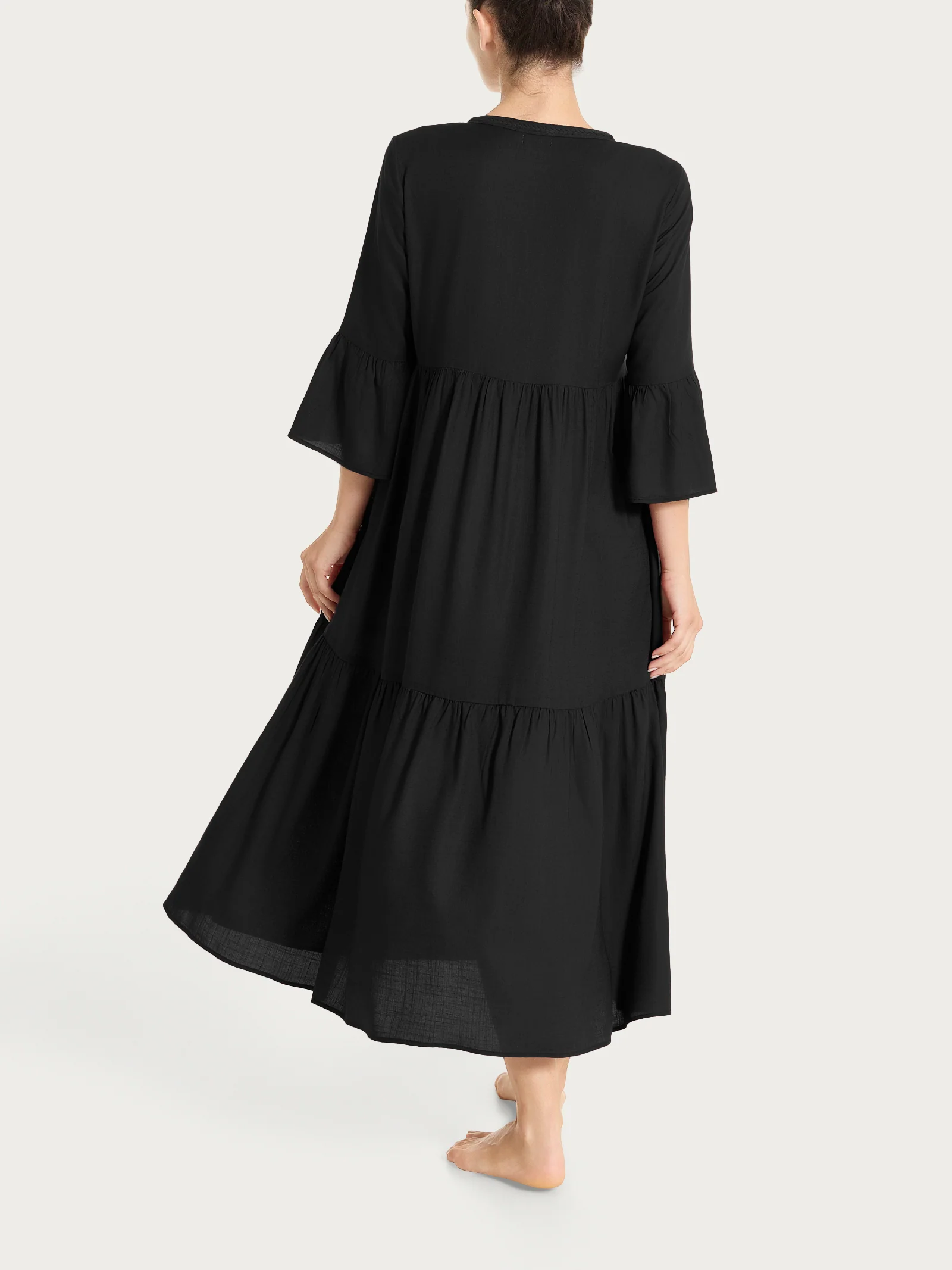 Abito lungo con balze in Mussola Slub - Nero - Image 2