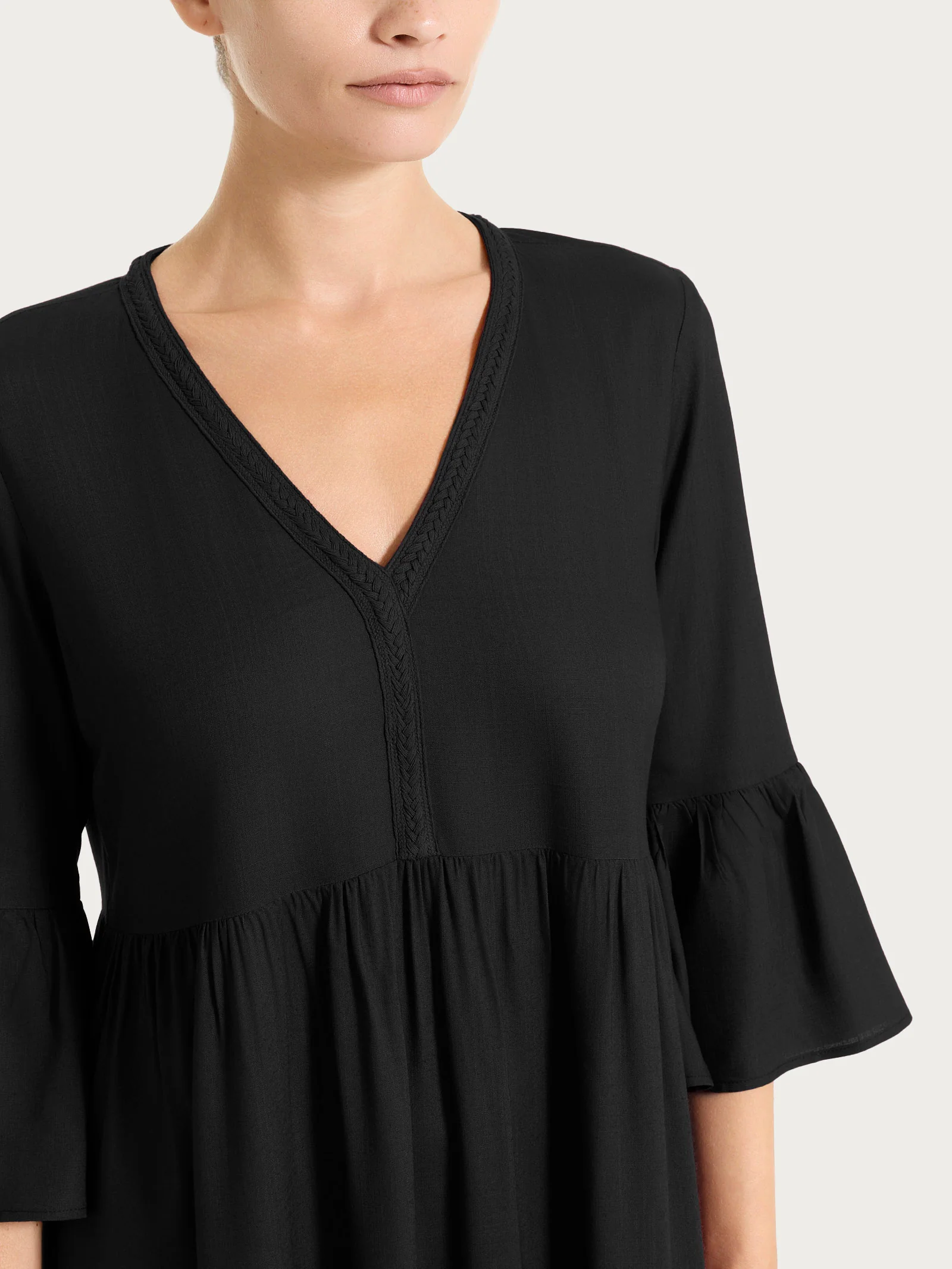 Abito lungo con balze in Mussola Slub - Nero - Image 3
