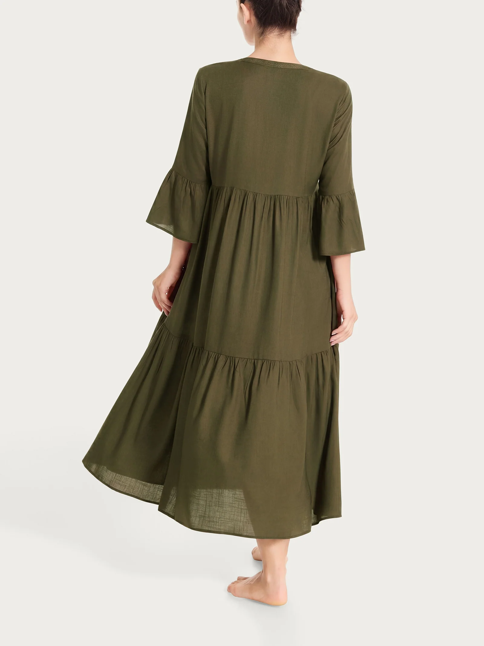 Abito lungo con balze in Mussola Slub - Dark Olive - Image 2