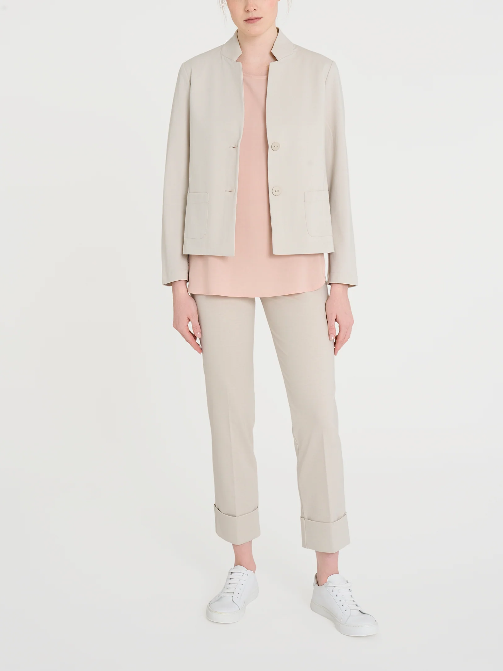 Blazer corto con revers alzato in Compact Light - Champignon - Image 4