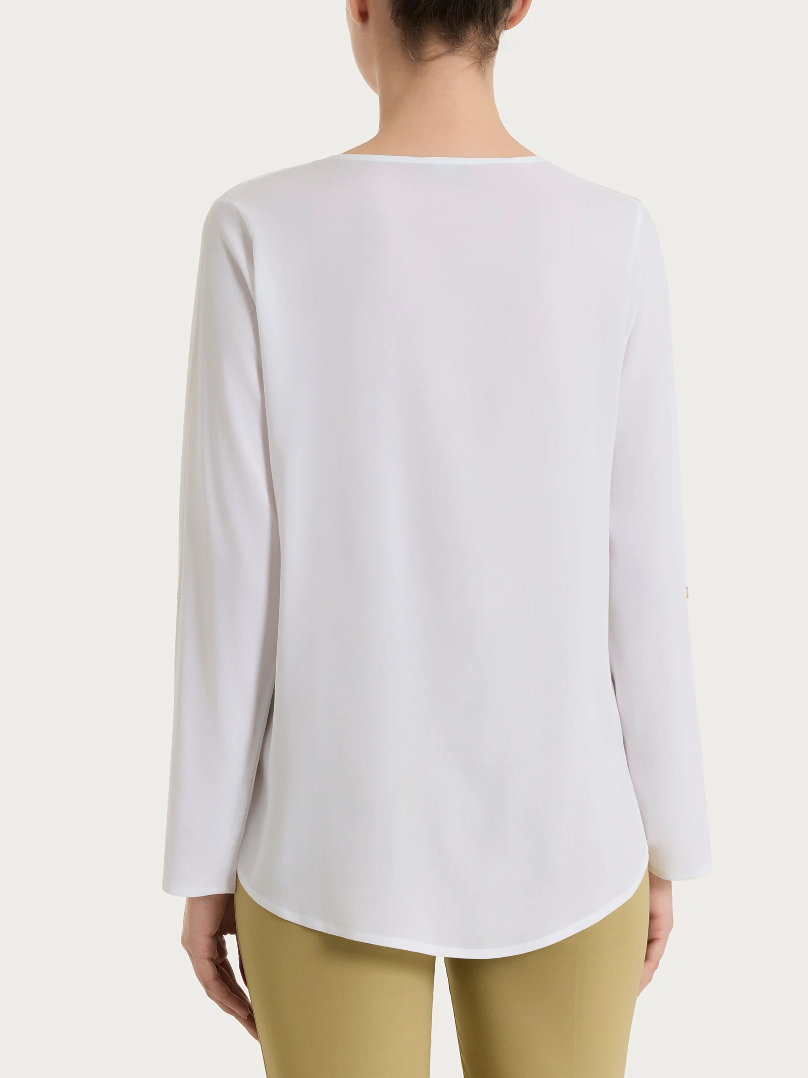 Blusa a serafino con manica risvoltabile in Voile Stretch - Bianco - Image 3