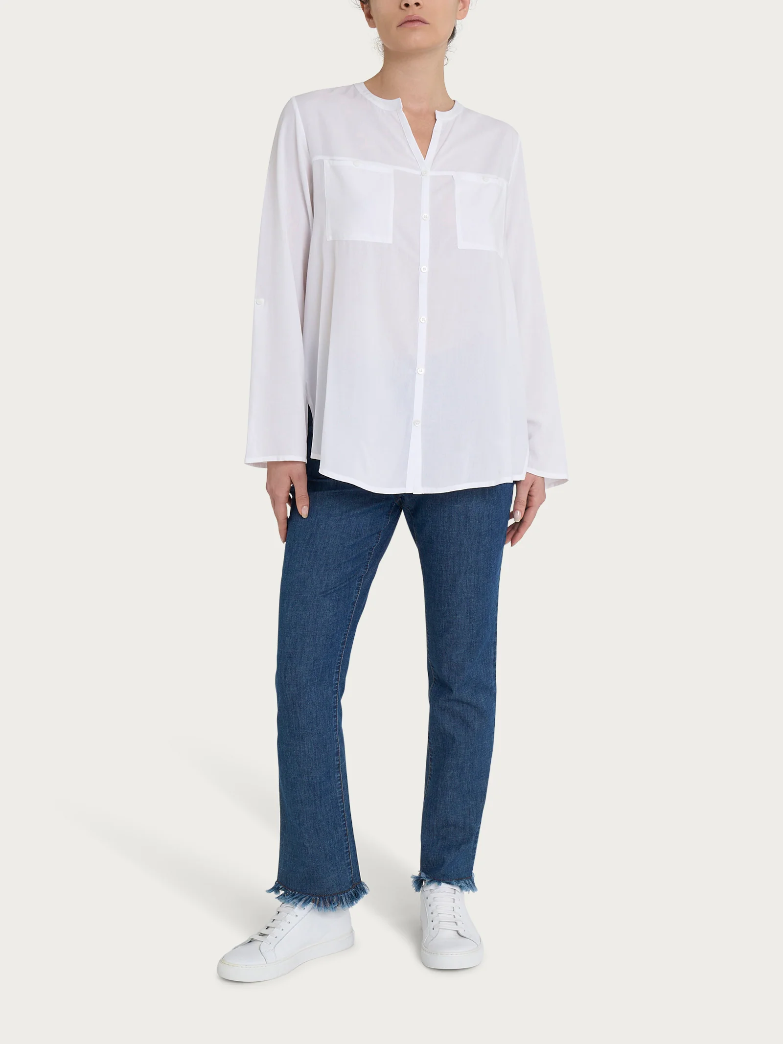 Camicia con collo alla coreana in EcoSeta - Bianco - Image 4