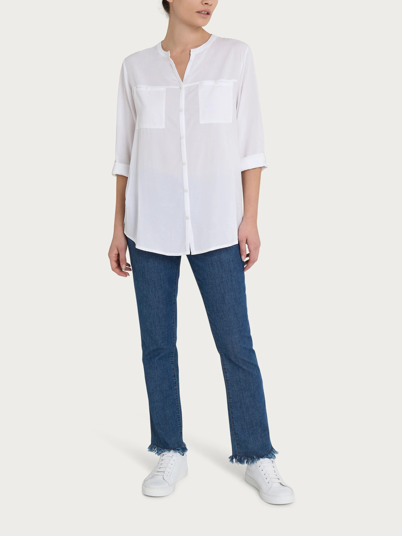 Camicia con collo alla coreana in EcoSeta - Bianco - Image 5
