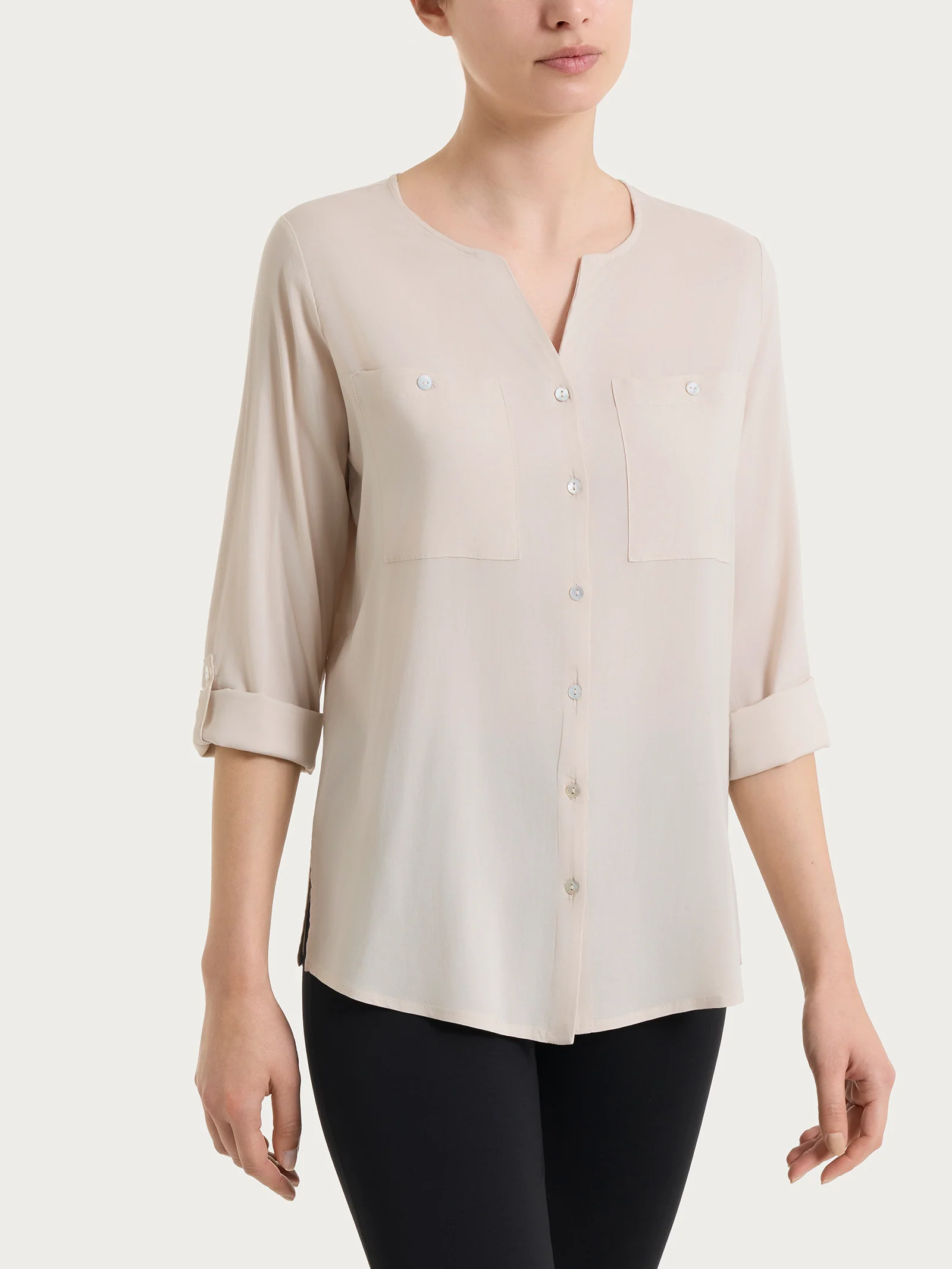 Camicia con manica risvoltabile in Voile Stretch - Champignon - Image 2