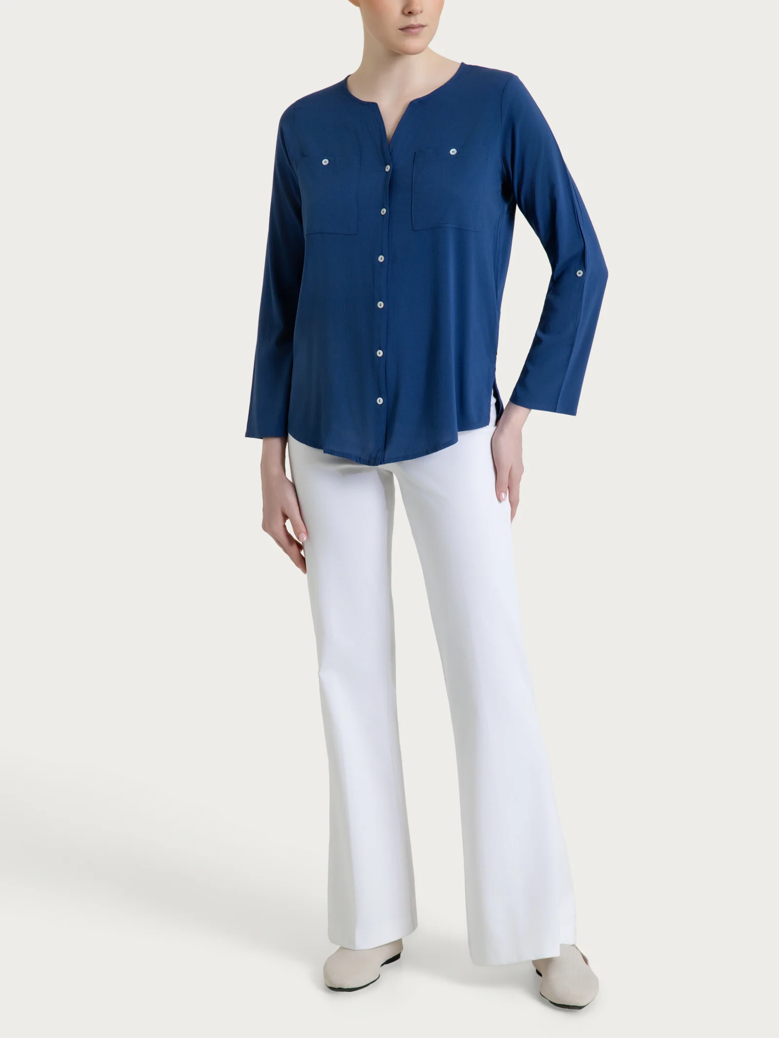 Camicia con manica risvoltabile in Voile Stretch - Oceana - Image 3