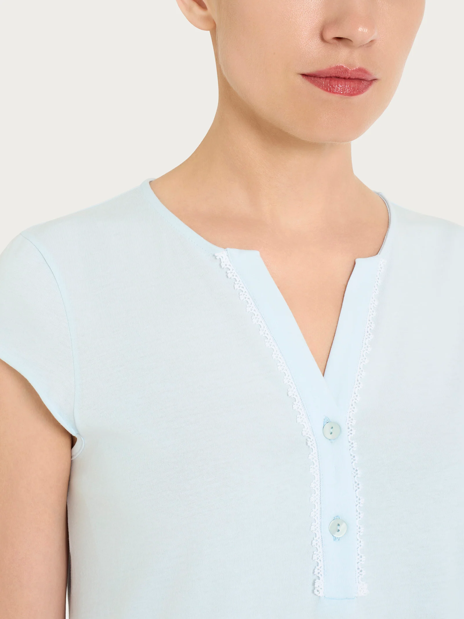 Camicia da notte tinta unita con collo a serafino in Jersey di Cotone - Country Air - Image 3