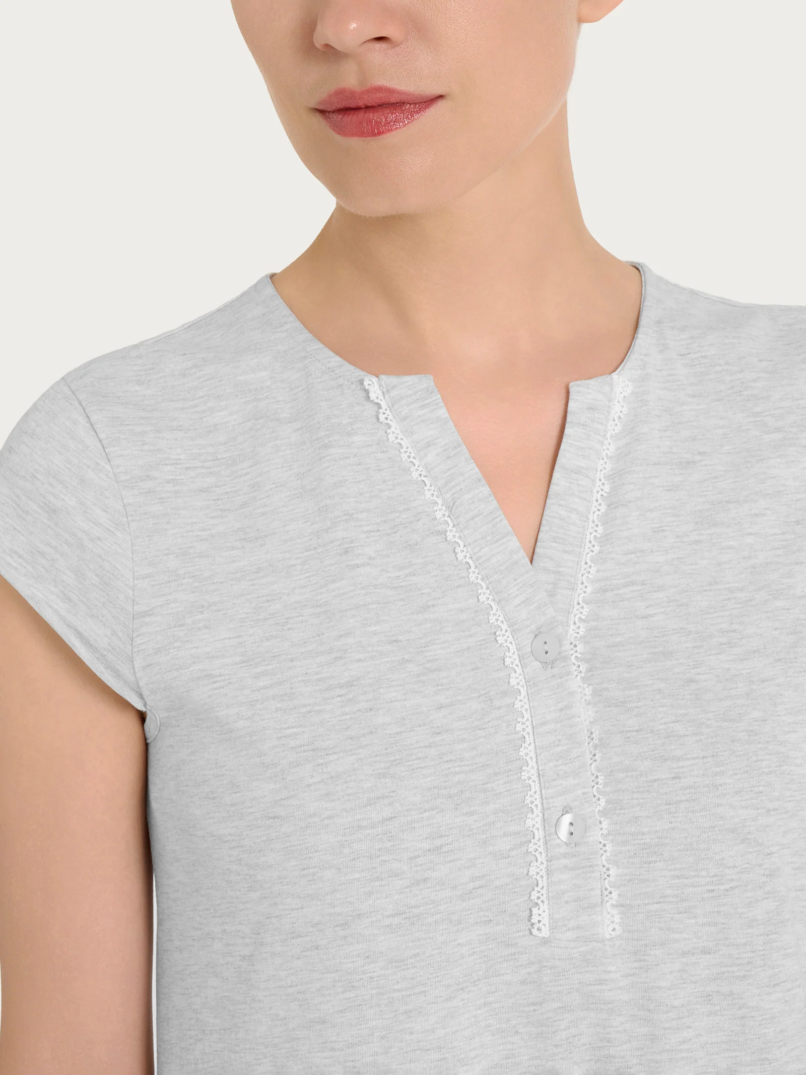 Camicia da notte tinta unita con collo a serafino in Jersey di Cotone - Ghiaia Mel. - Image 3