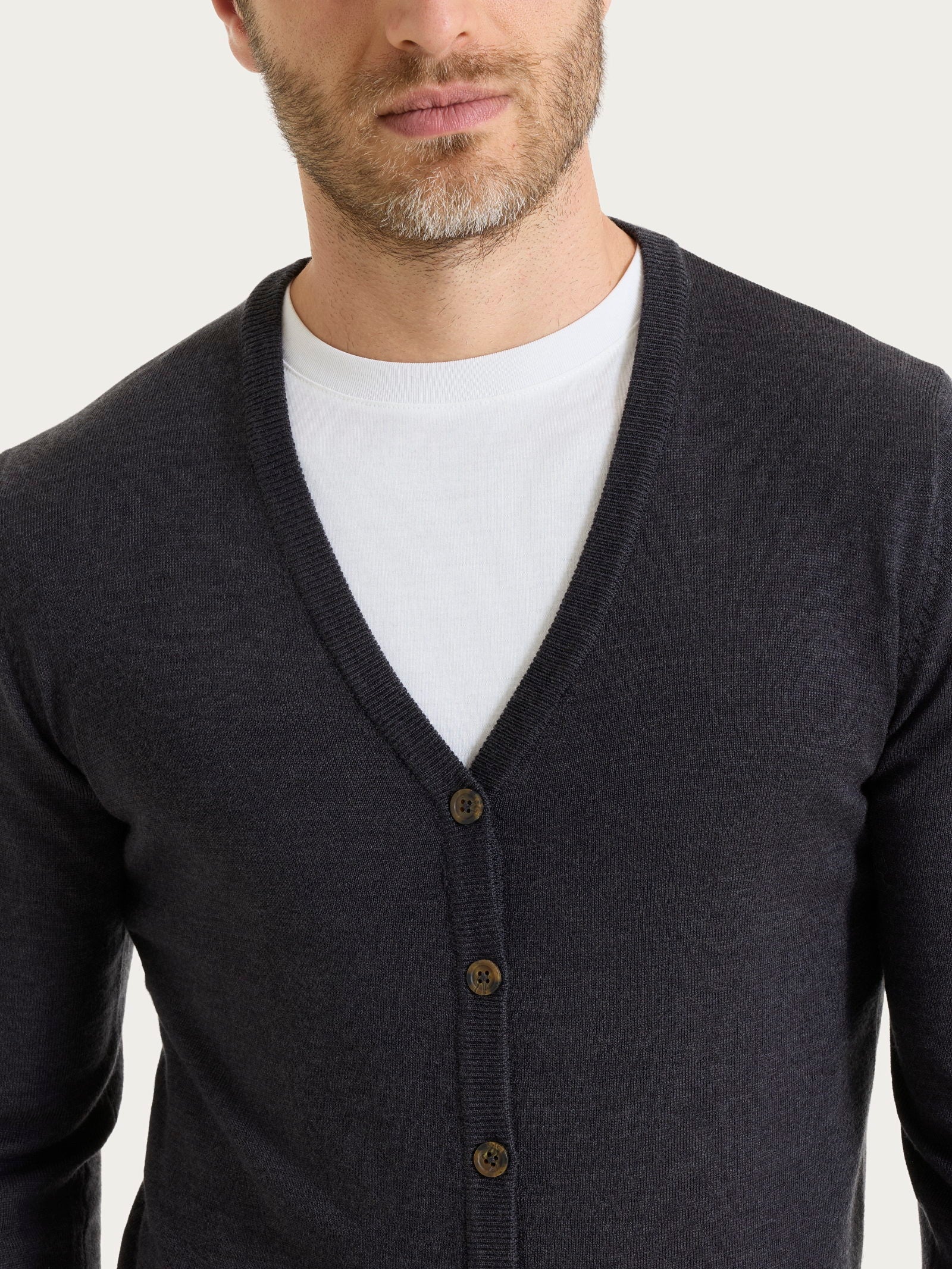Cardigan a maglia unita in Merino Soft - Oscuro Mel. - Image 3