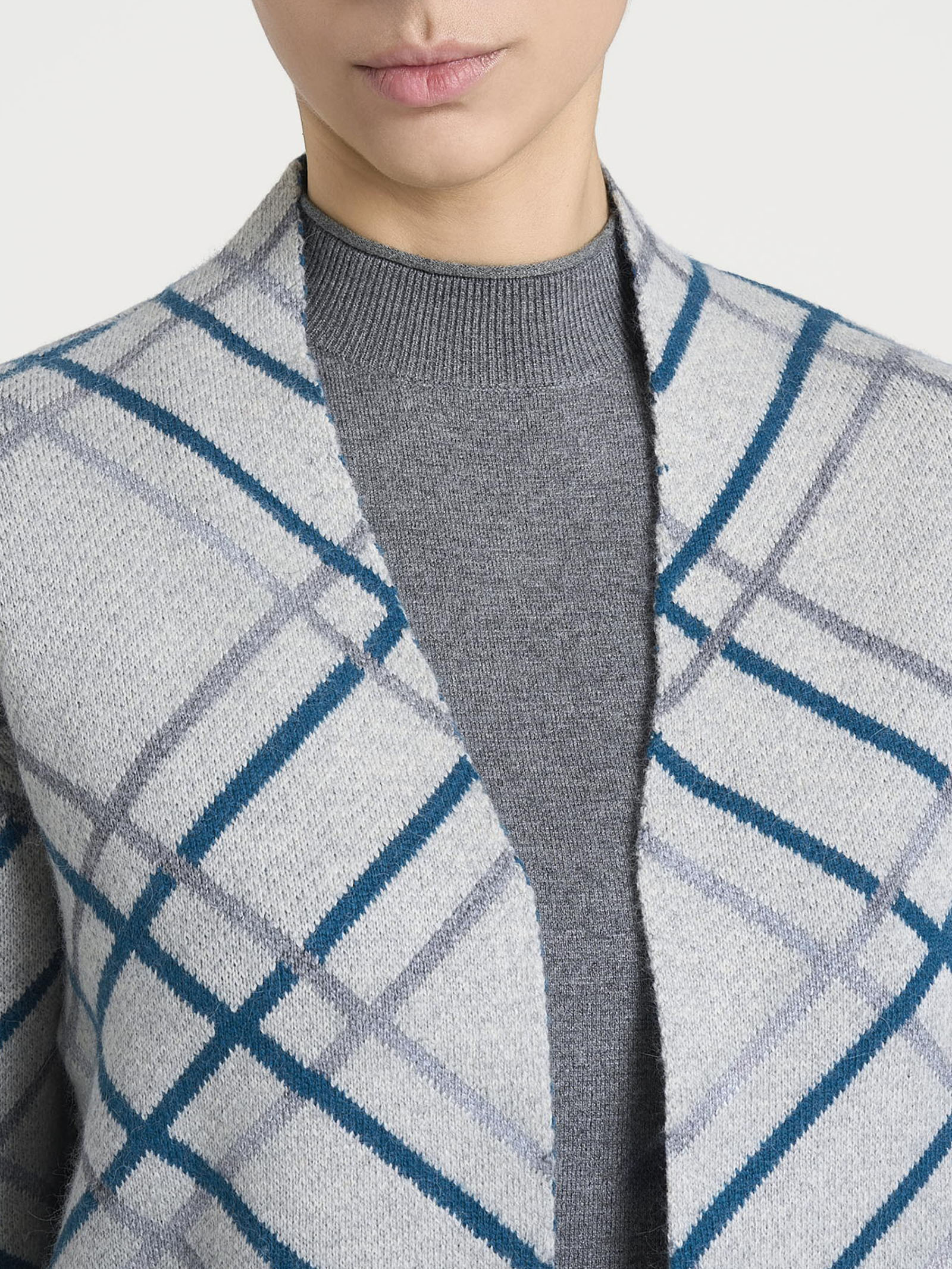 Cardigan aperto con fantasia check in Natural Soft - Fant.Ghiaia Mel. - Image 4