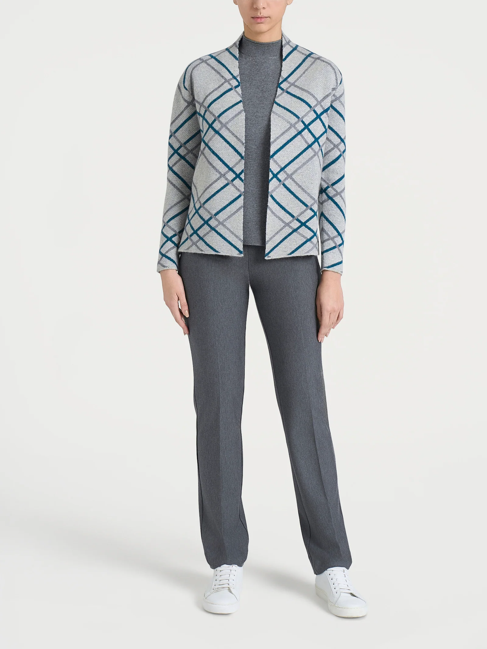 Cardigan aperto con fantasia check in Natural Soft - Fant.Ghiaia Mel. - Image 5