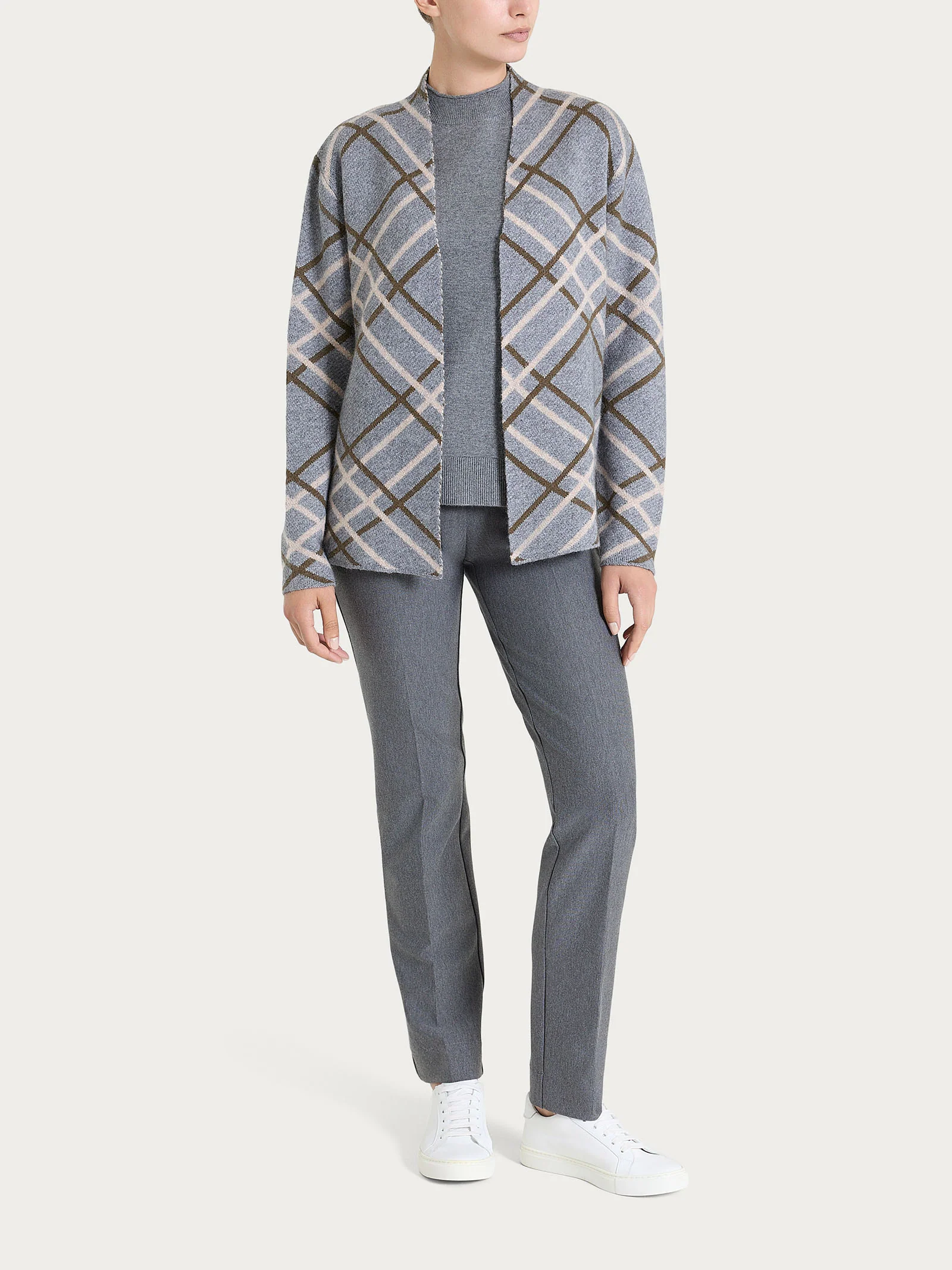Cardigan aperto con fantasia check in Natural Soft - Fant. Ferro Mel. - Image 4