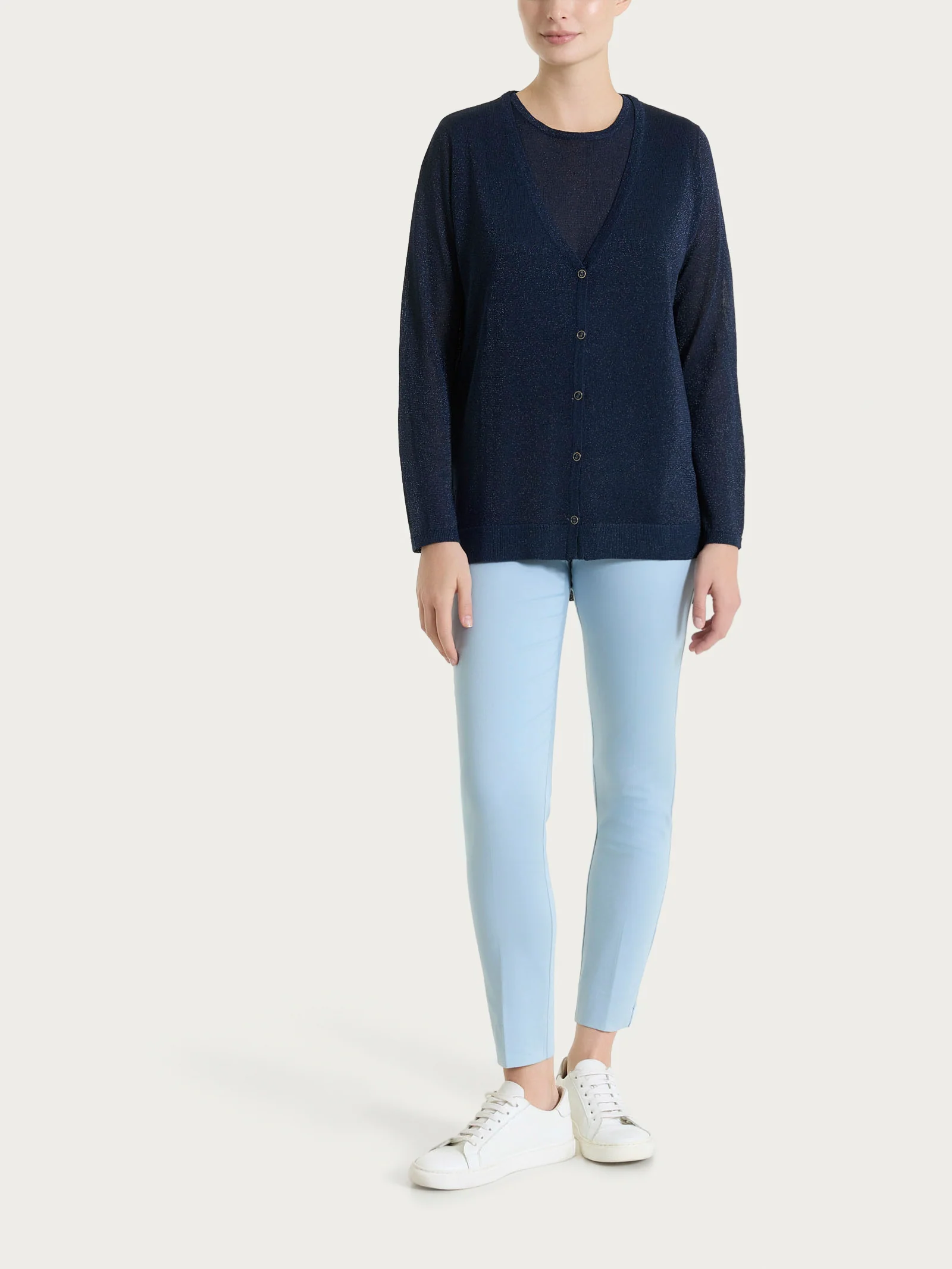 Cardigan con bottoni in Crêpe Lurex - Bleu - Image 5