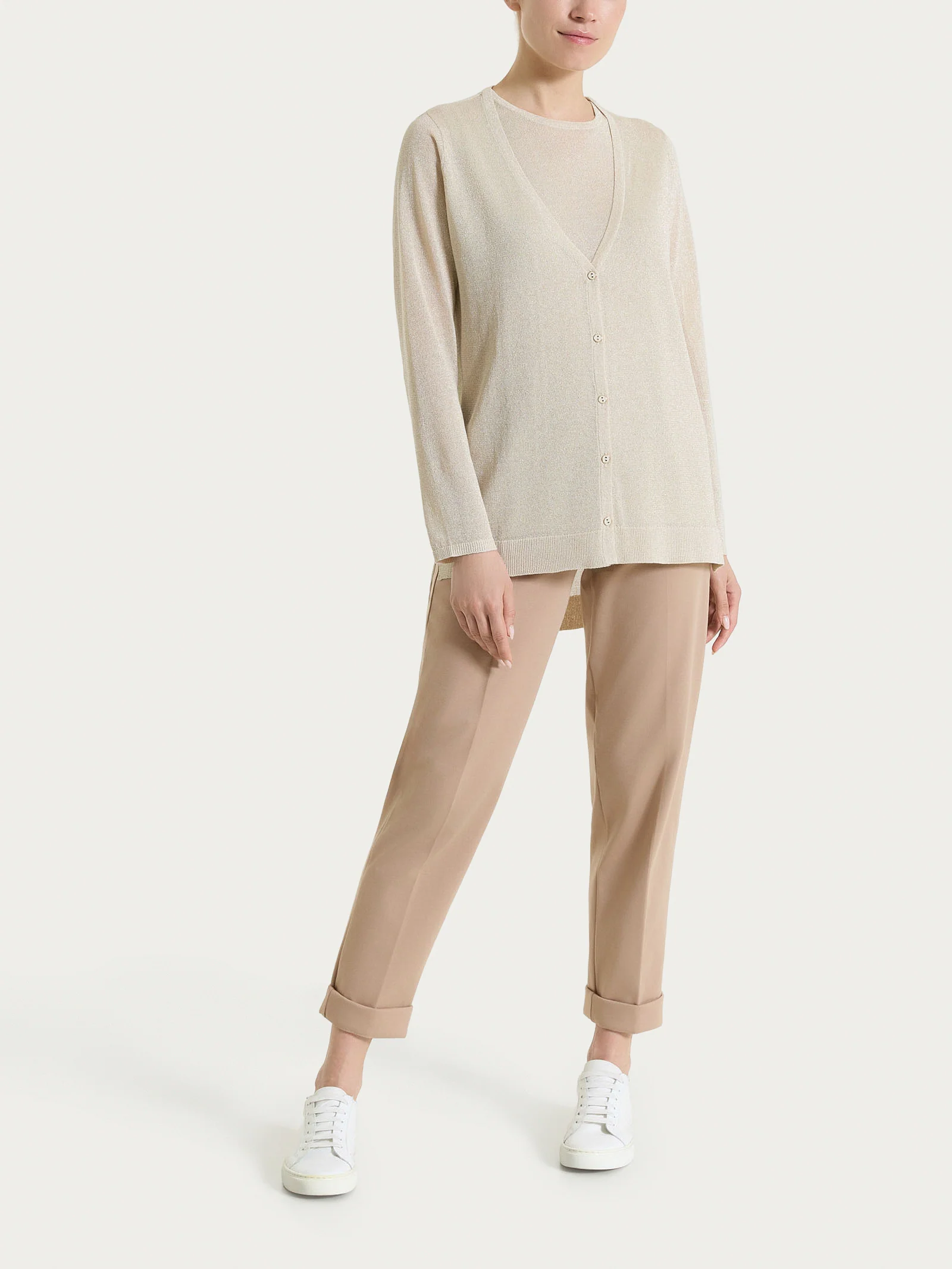 Cardigan con bottoni in Crêpe Lurex - Champignon - Image 5