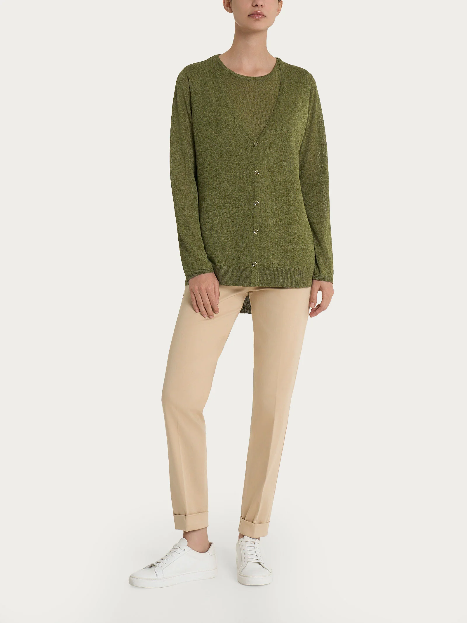 Cardigan con bottoni in Crêpe Lurex - Sphagnum - Image 4