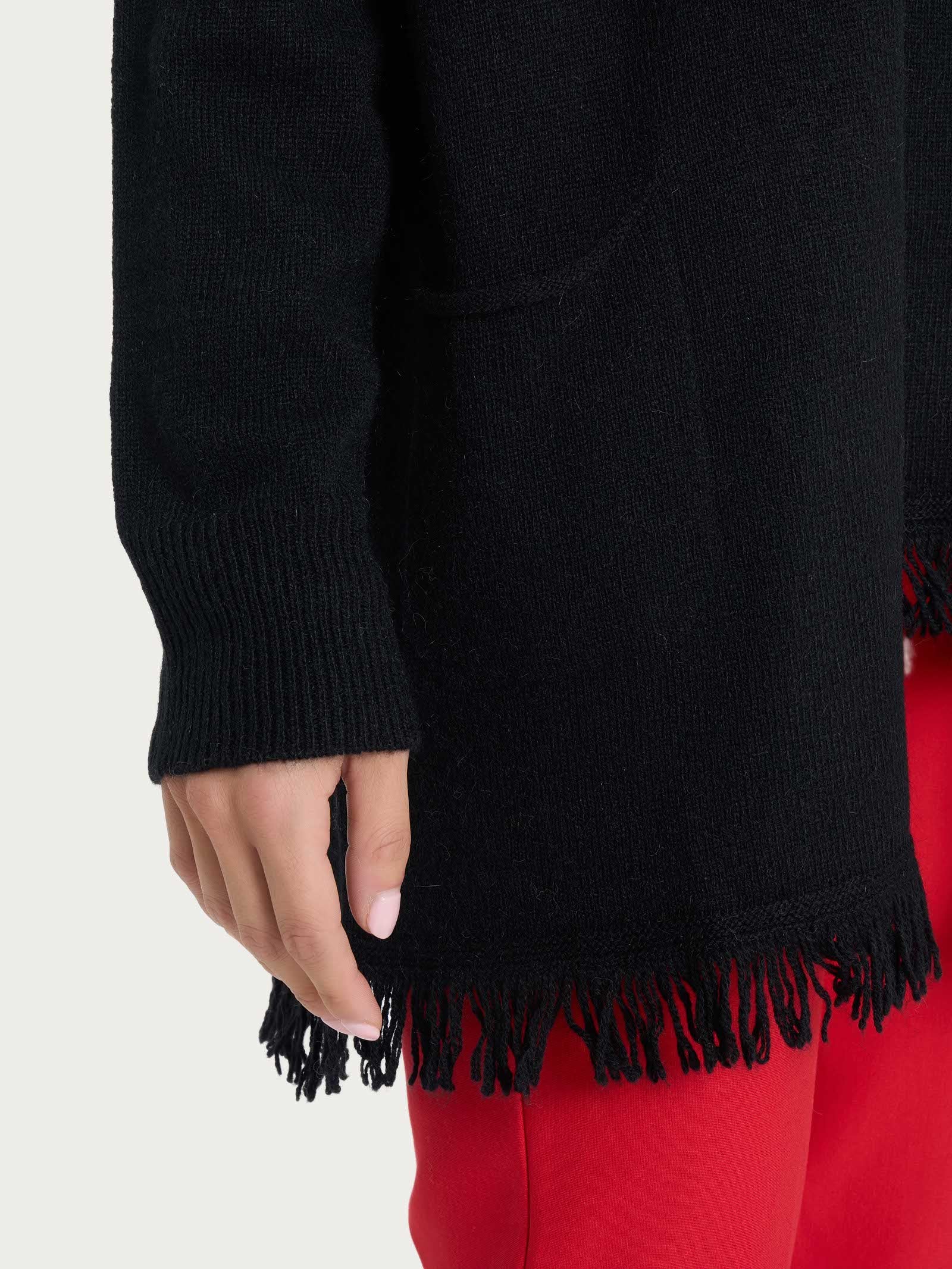 Cardigan lungo con frange in misto angora - Nero - Image 3