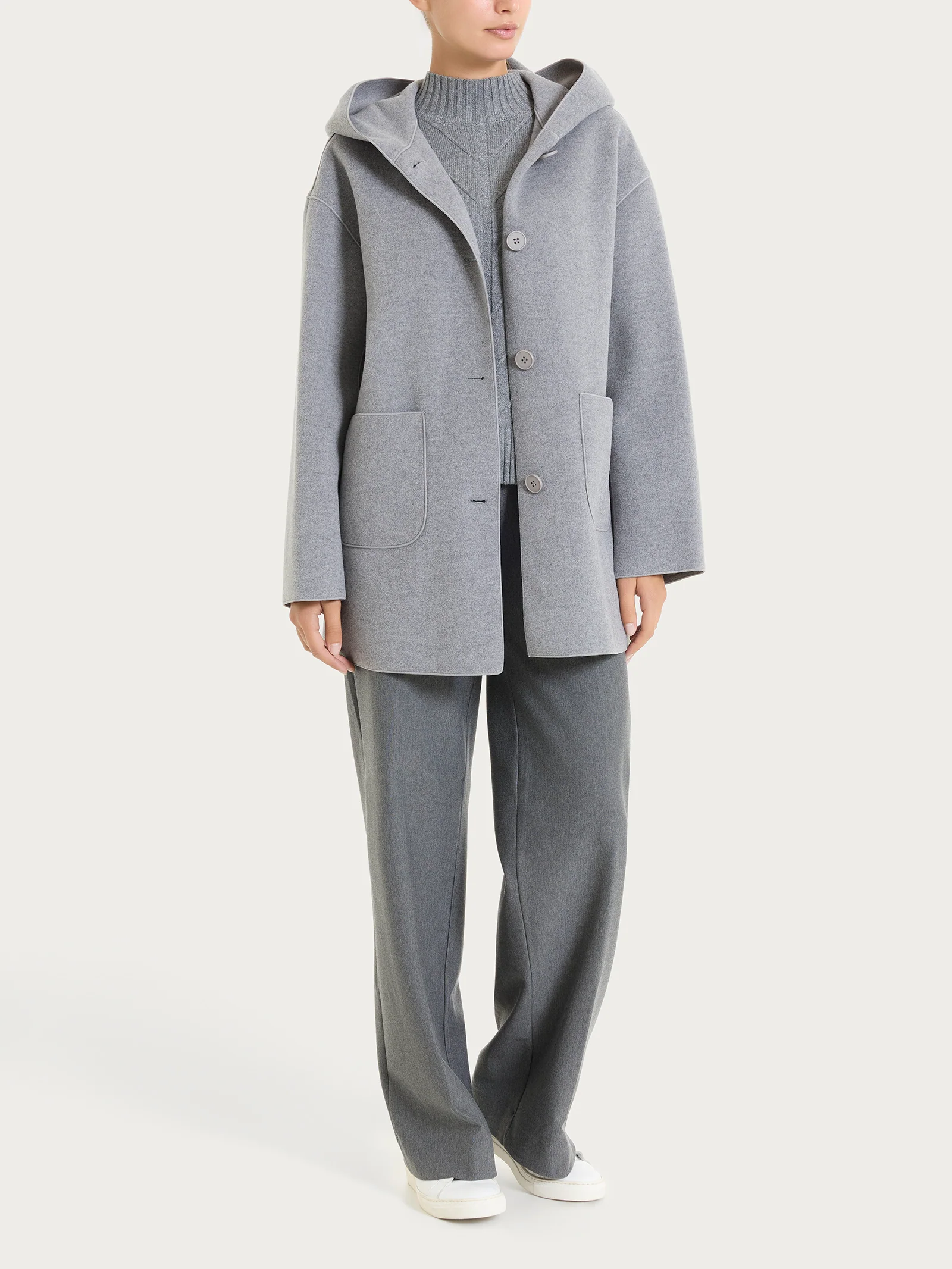 Giaccone con cappuccio in Vegan Wool - Grigio Mel. - Image 4