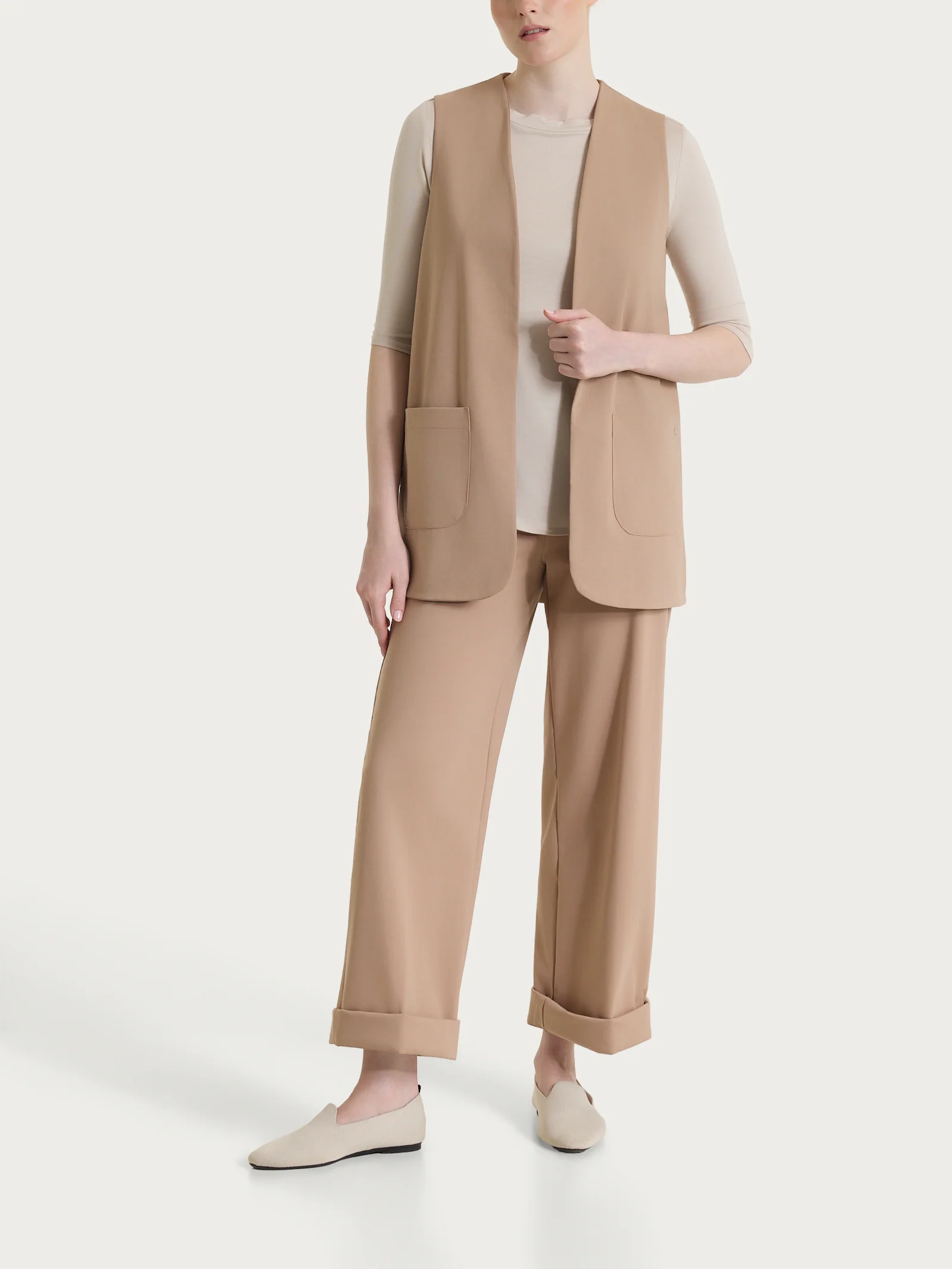Gilet aperto in Compact Light - Warm Taupe - Image 4