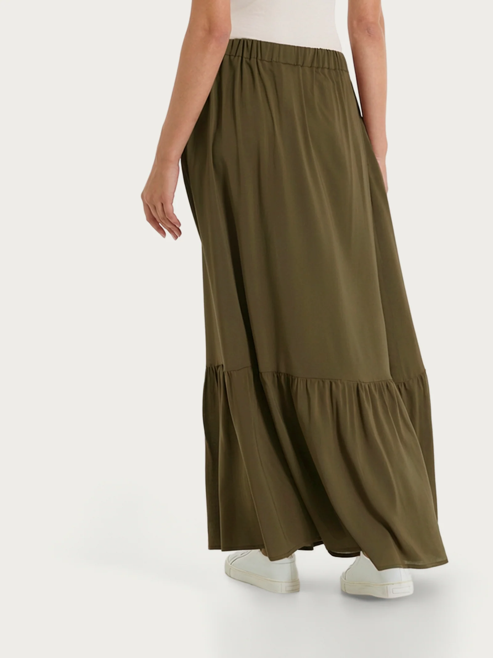 Gonna lunga a balze in Voile Stretch - Dark Olive - Image 2