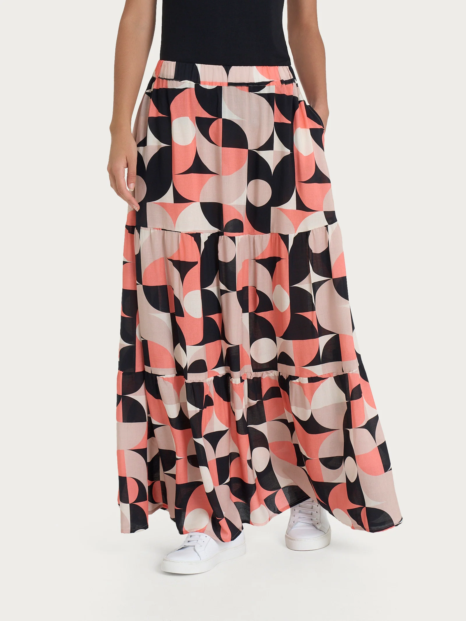 Gonna lunga con geometric pattern in Ecoseta - Fant. Warm Taupe