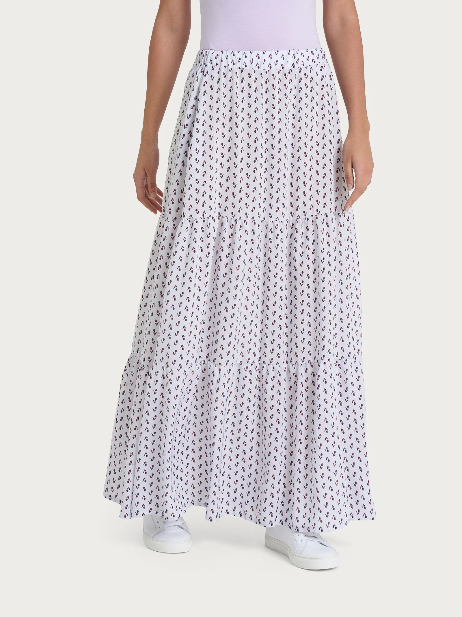 Gonna lunga con micro tulips pattern in Ecoseta - Fant. Dawn Blue