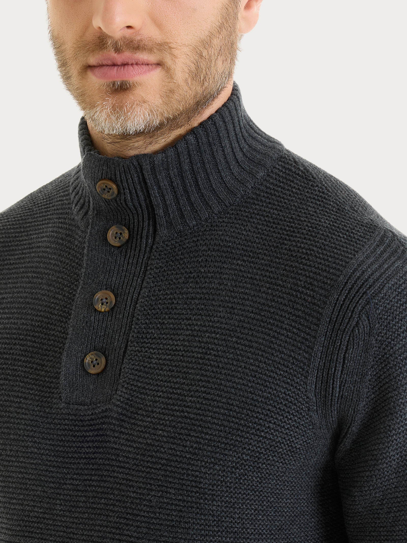 Lupetto leggero con zip e bottoni in Winter Cotton - Nero Mel. - Image 3