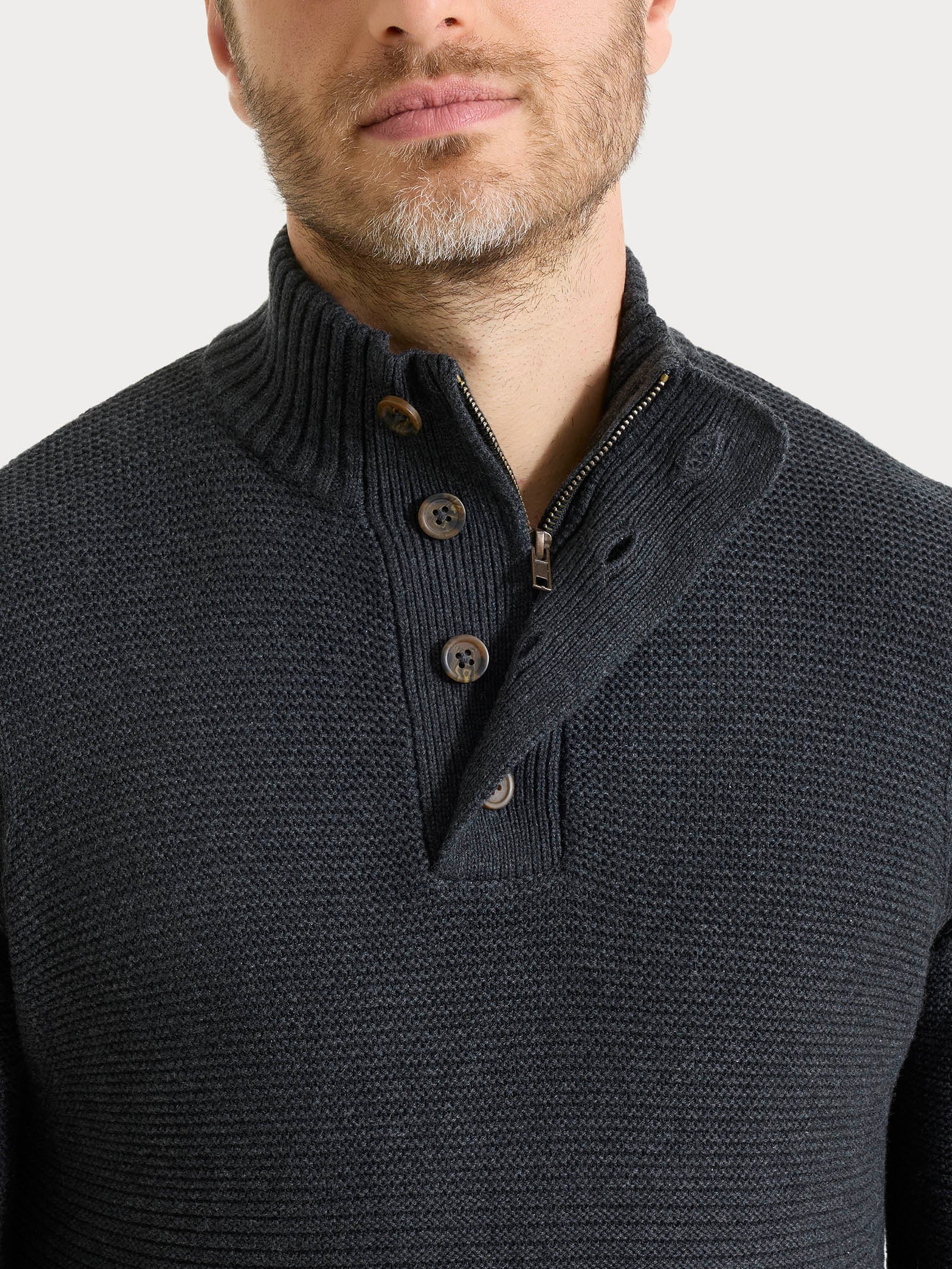 Lupetto leggero con zip e bottoni in Winter Cotton - Nero Mel. - Image 4