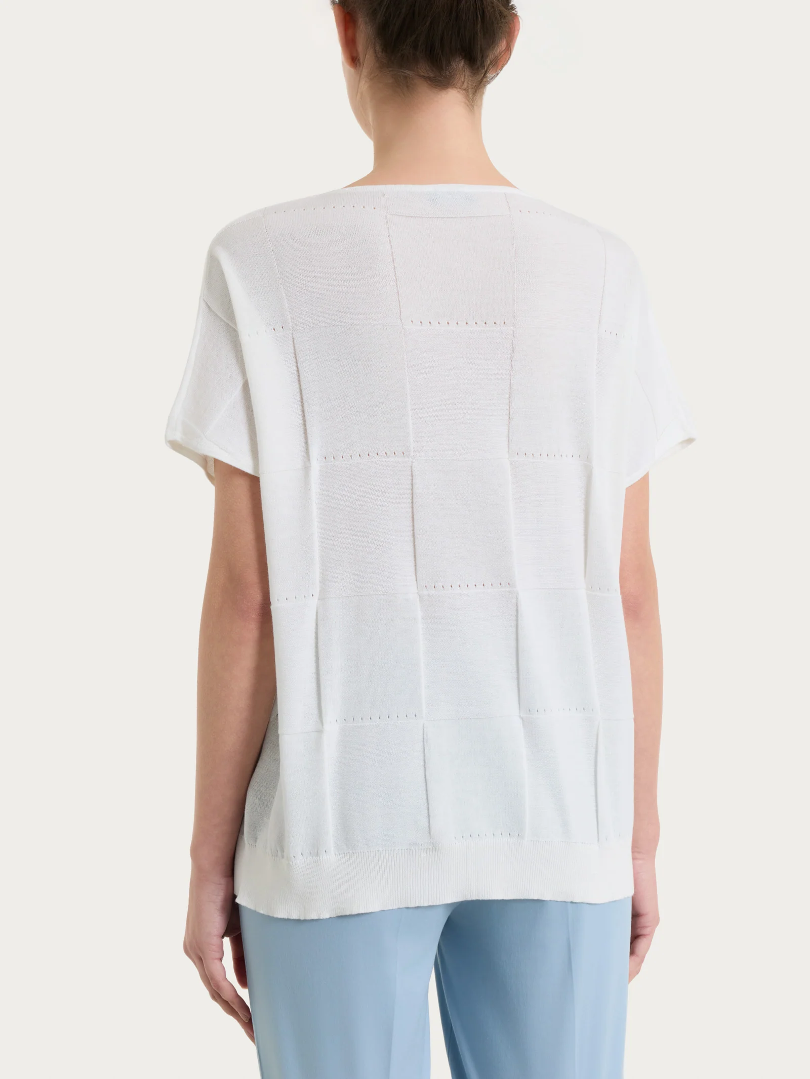 Maglia a manica corta con fantasia check in Puro Cotone - Bianco - Image 2