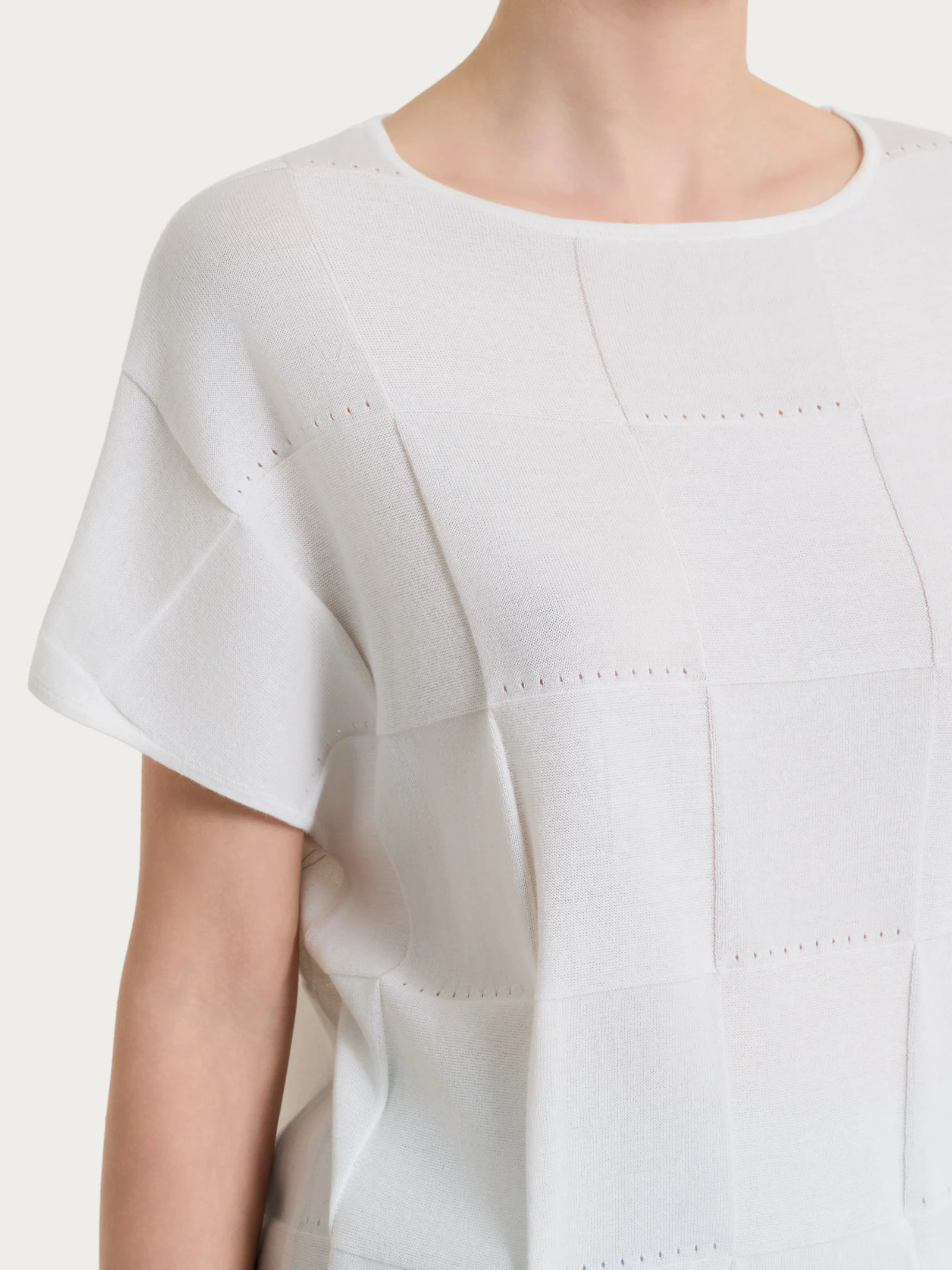 Maglia a manica corta con fantasia check in Puro Cotone - Bianco - Image 3