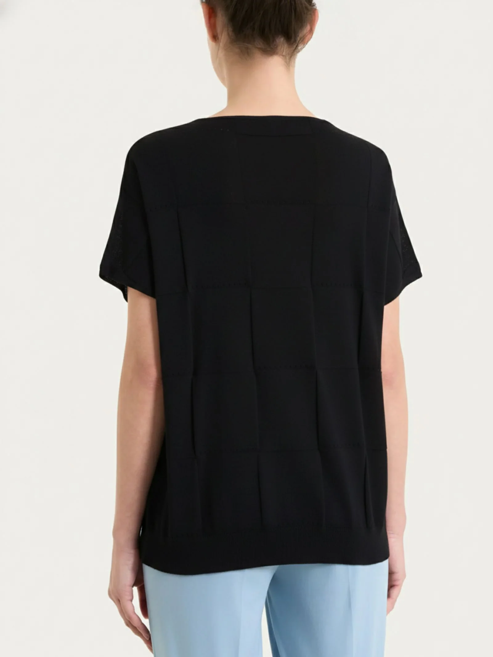 Maglia a manica corta con fantasia check in Puro Cotone - Nero - Image 2