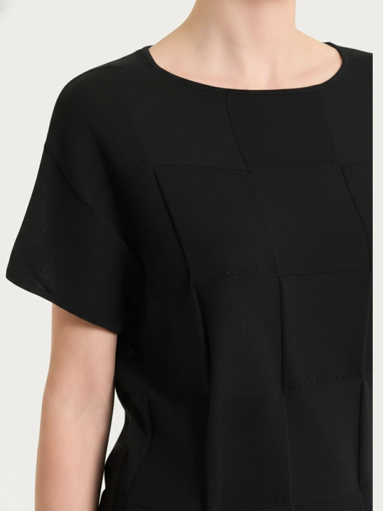 Maglia a manica corta con fantasia check in Puro Cotone - Nero - Image 3