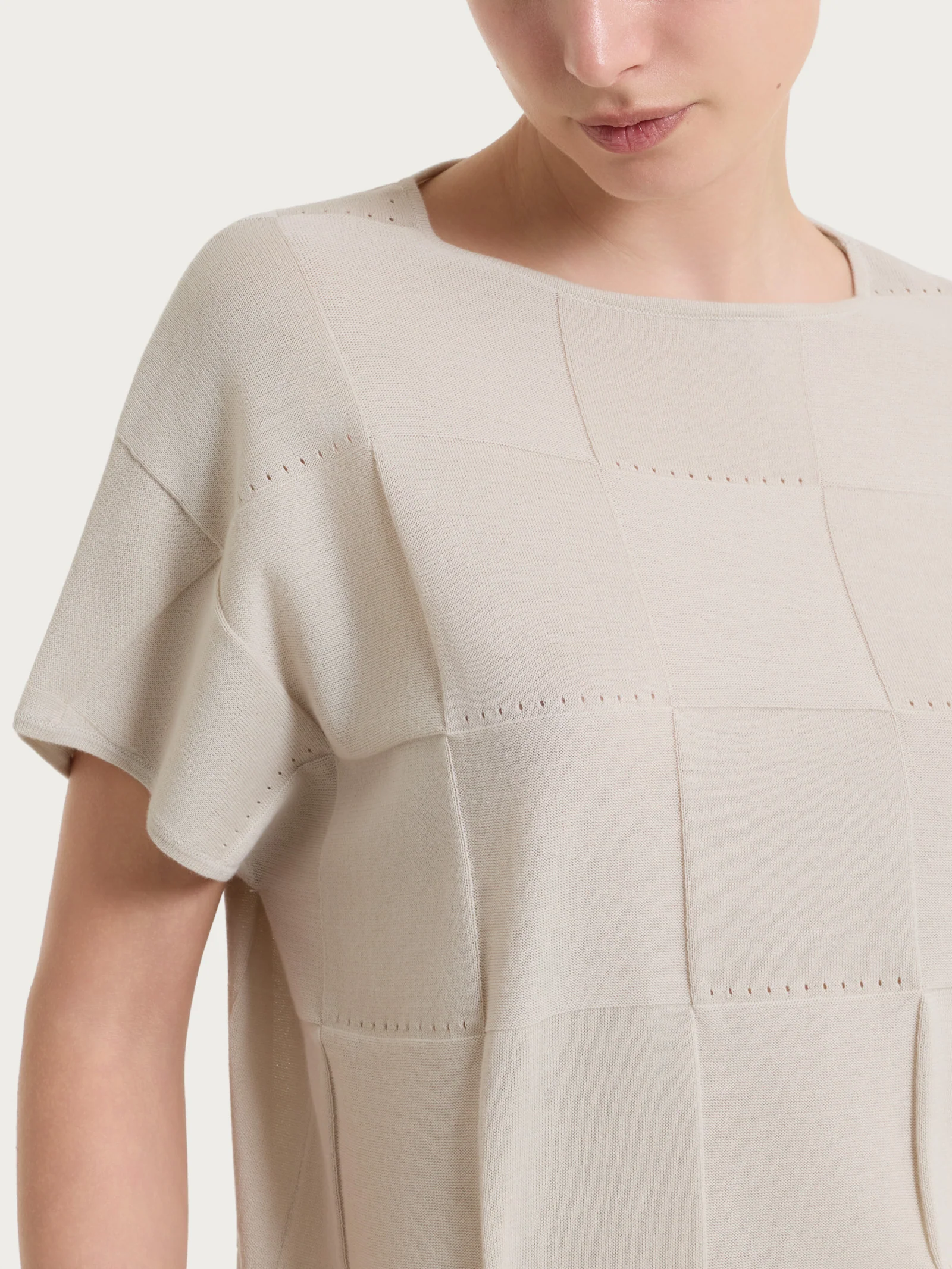 Maglia a manica corta con fantasia check in Puro Cotone - Champignon - Image 3
