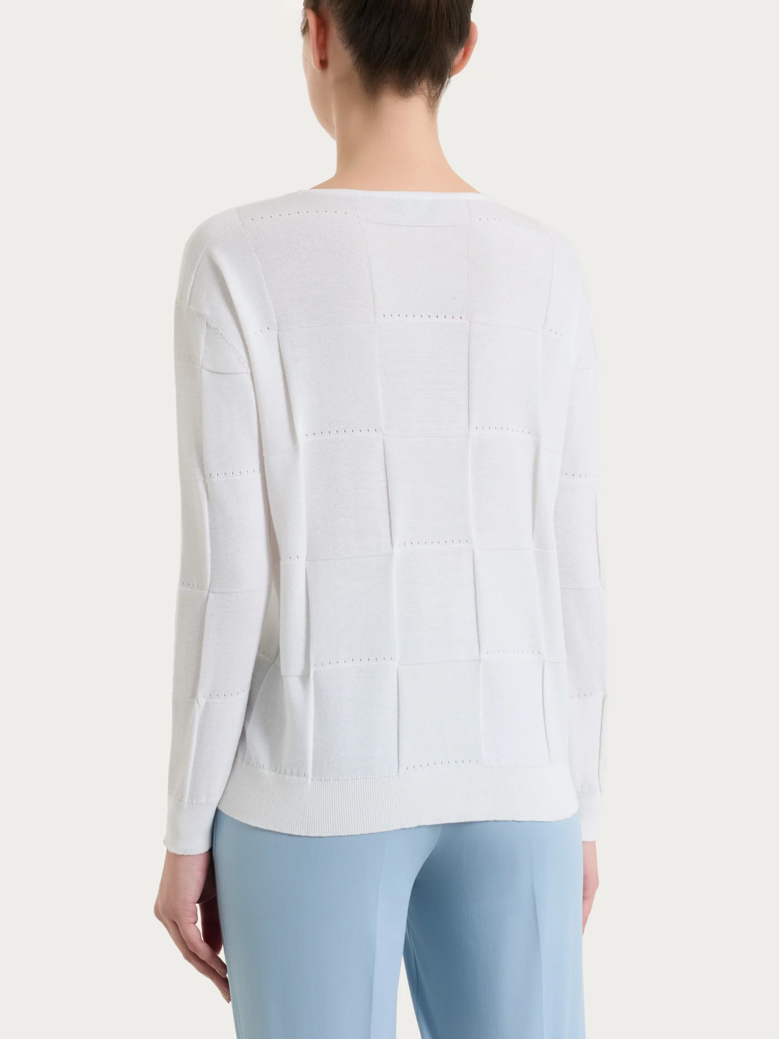 Maglia a manica lunga con fantasia check in Puro Cotone - Bianco - Image 2