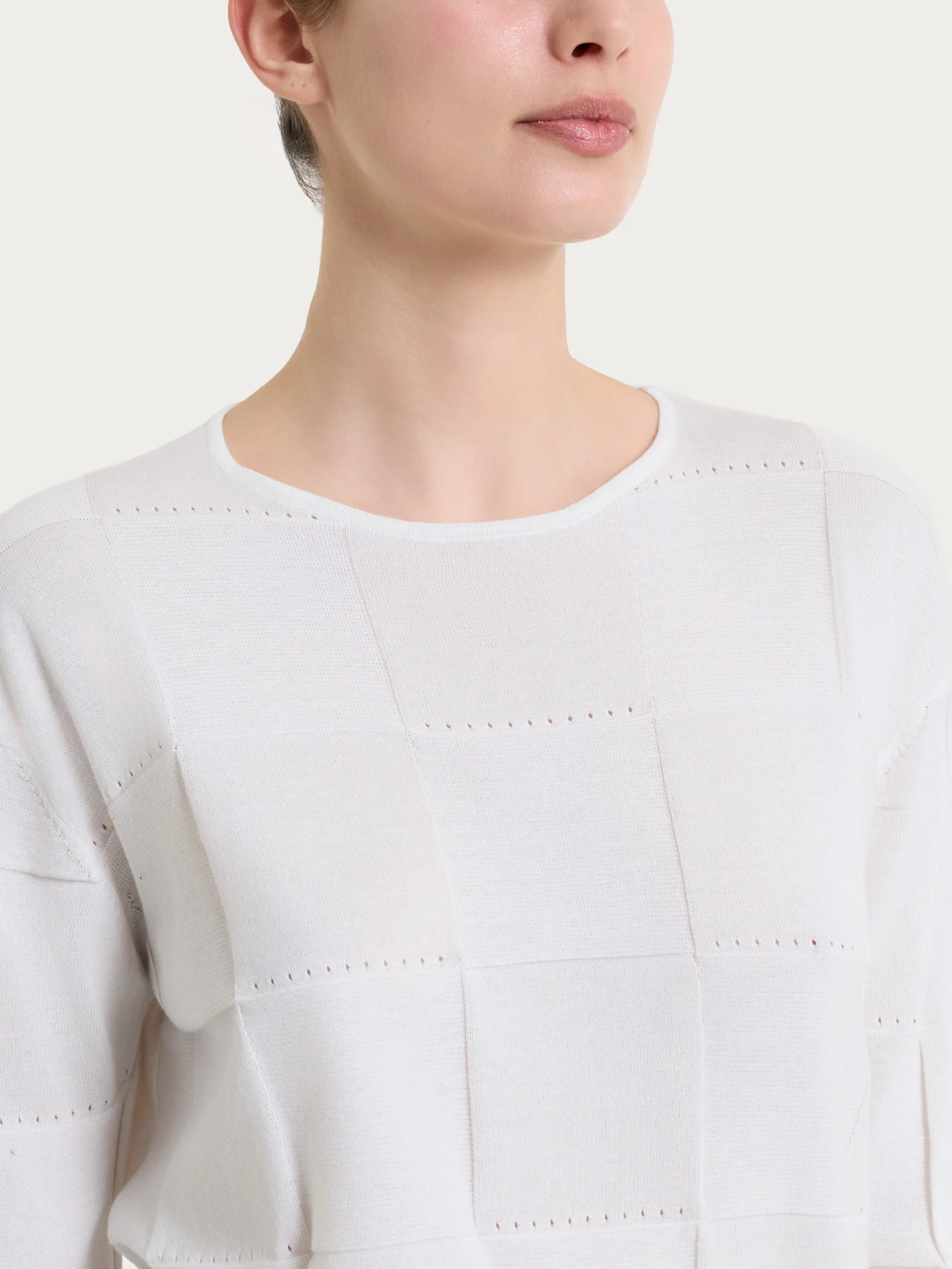Maglia a manica lunga con fantasia check in Puro Cotone - Bianco - Image 3