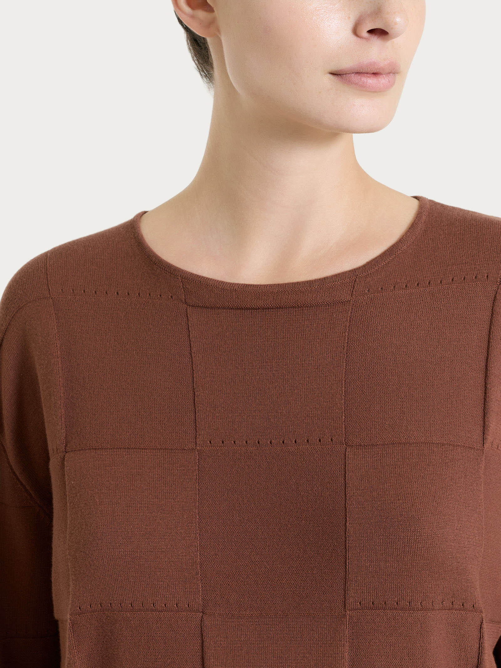 Maglia a manica lunga con fantasia check in Puro Cotone - Cappuccino - Image 3