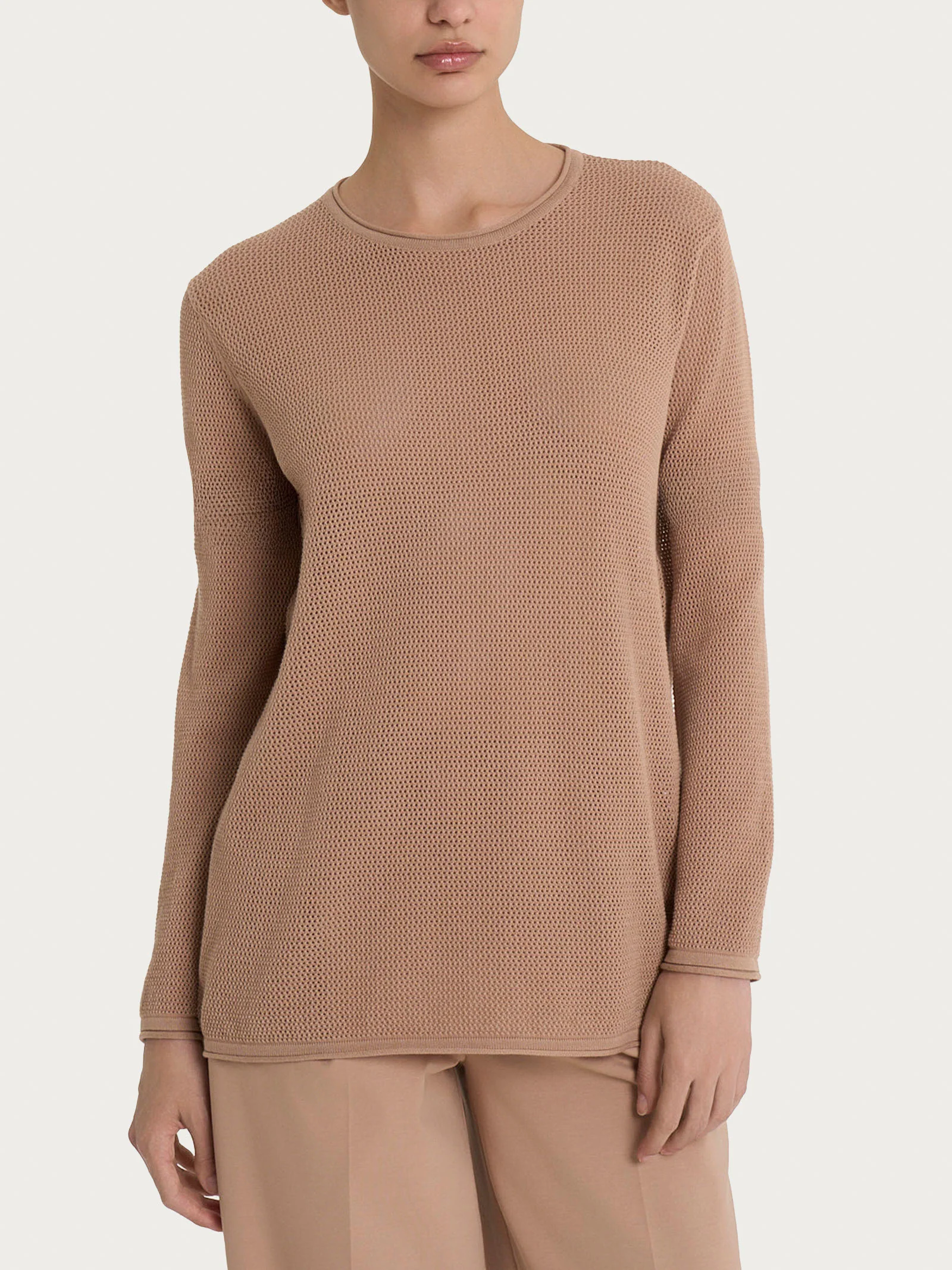 Maglia a manica lunga con punto rete in puro cotone - Warm Taupe