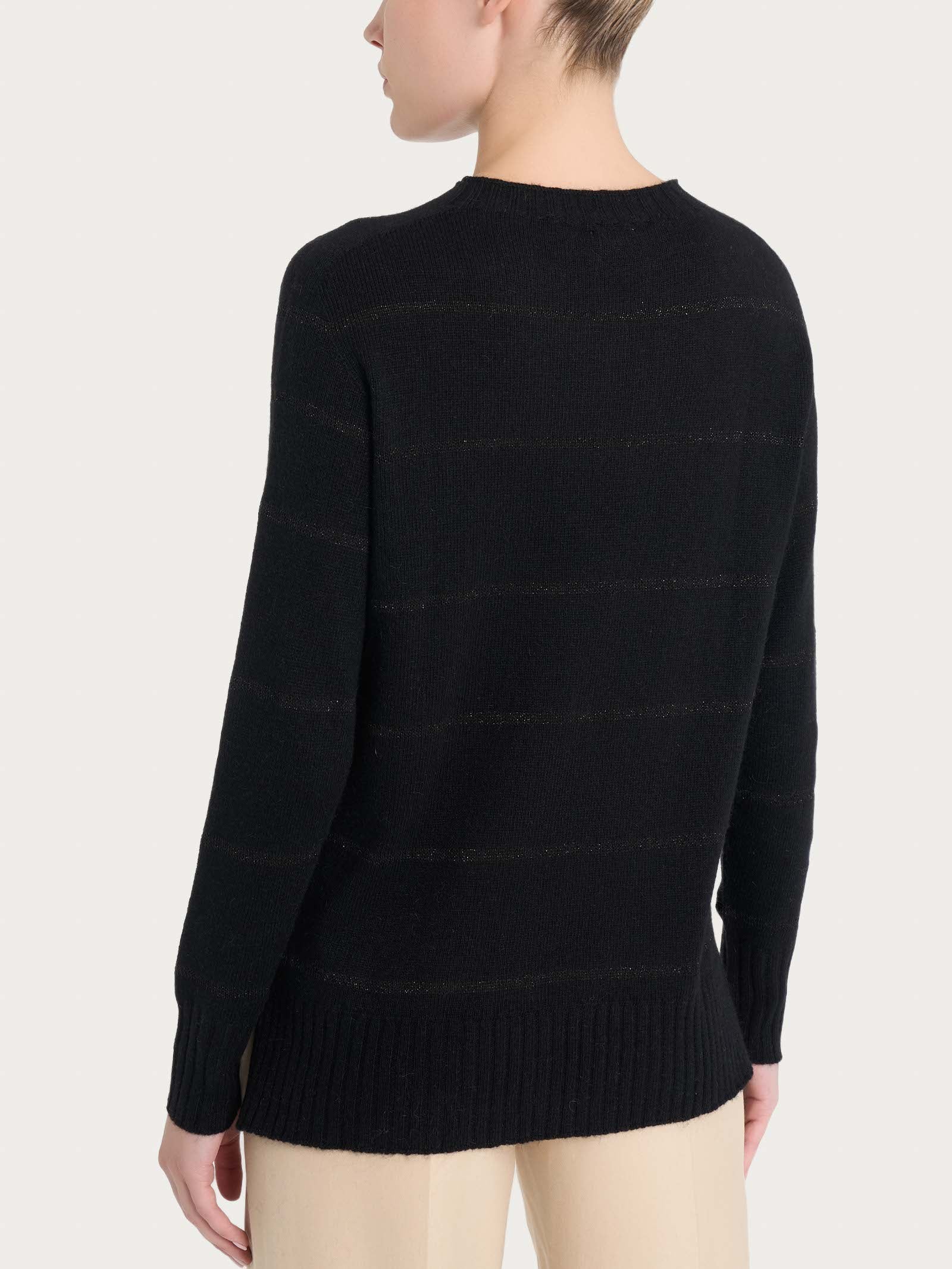 Maglia girocollo a righe in misto angora - Nero - Image 2