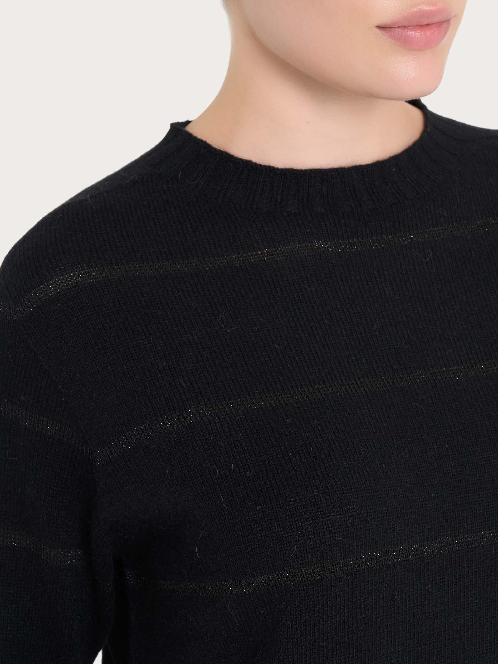 Maglia girocollo a righe in misto angora - Nero - Image 3