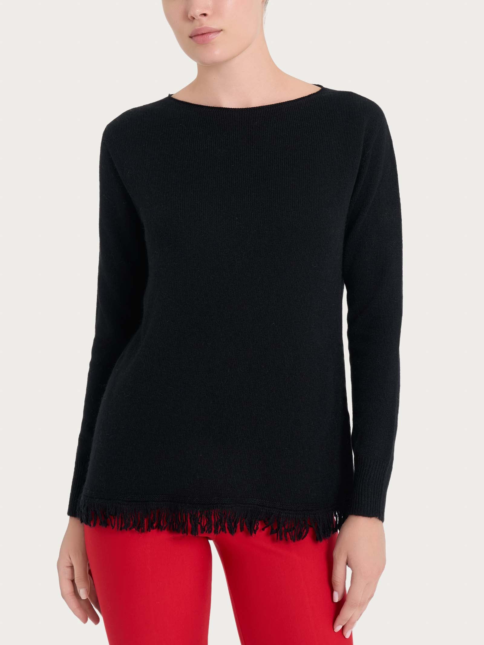 Maglia girocollo con frange in misto angora - Nero