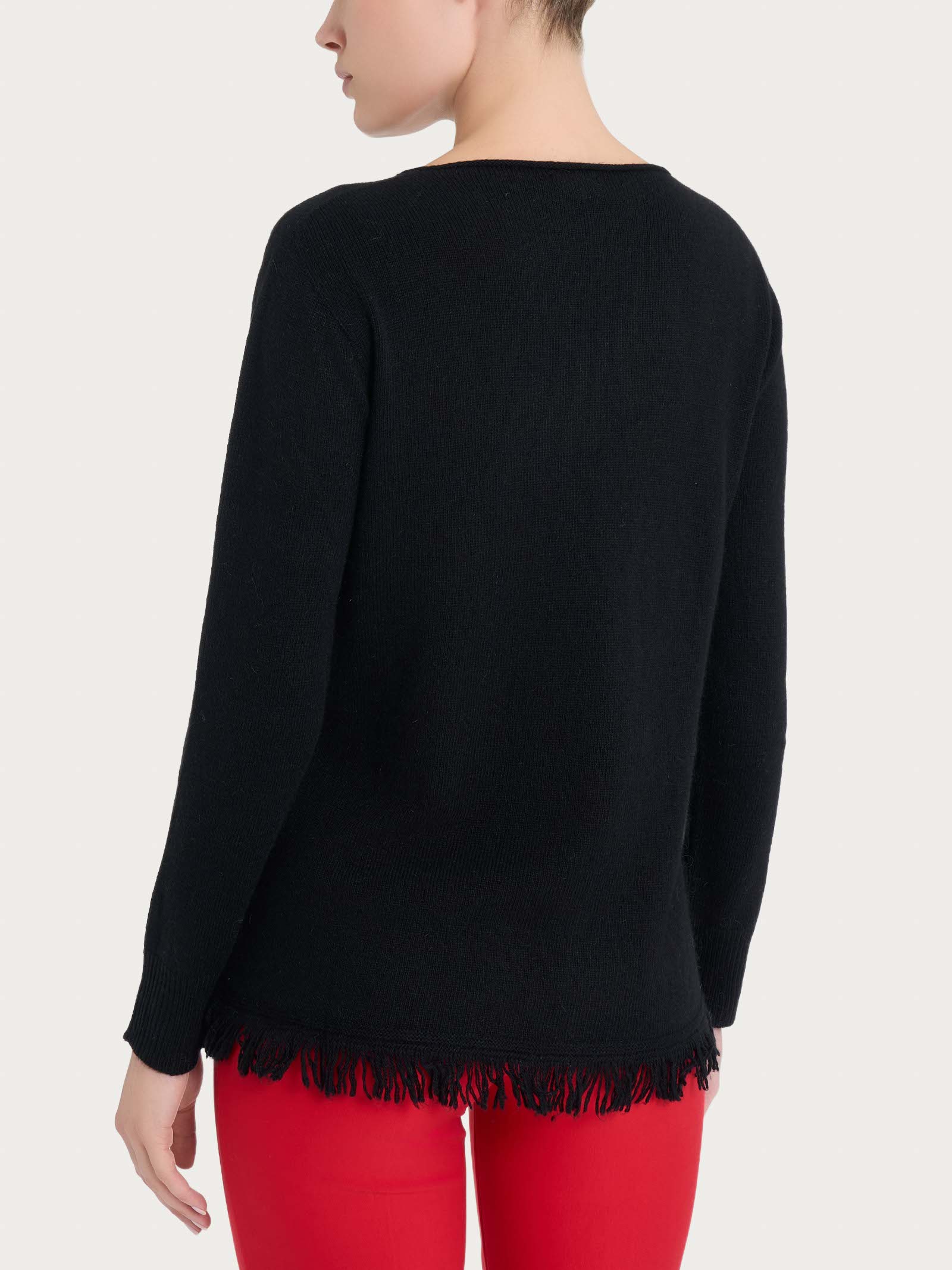 Maglia girocollo con frange in misto angora - Nero - Image 2