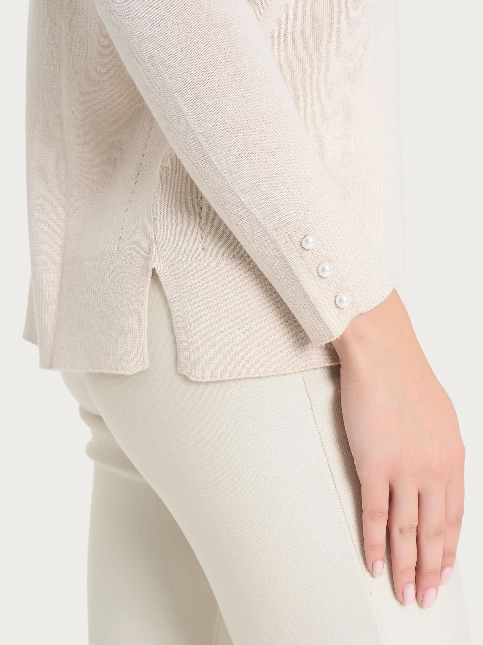 Maglia girocollo con perline in Merino Soft - Champignon - Image 3