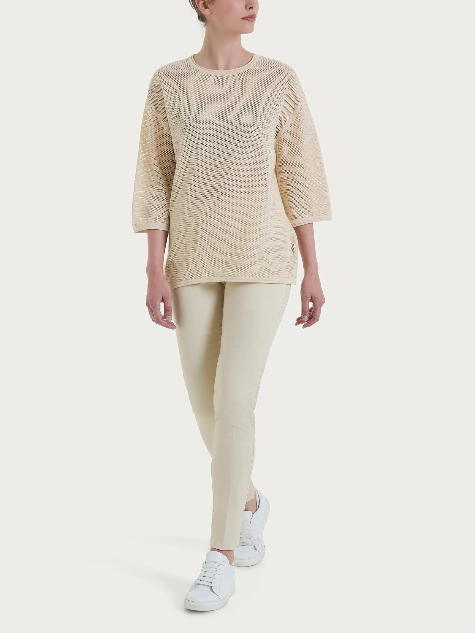 Maglia girocollo con punto rete in puro cotone - Wood Ash - Image 4