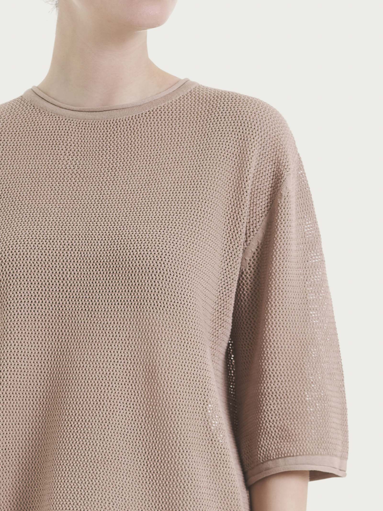Maglia girocollo con punto rete in puro cotone - Warm Taupe - Image 3