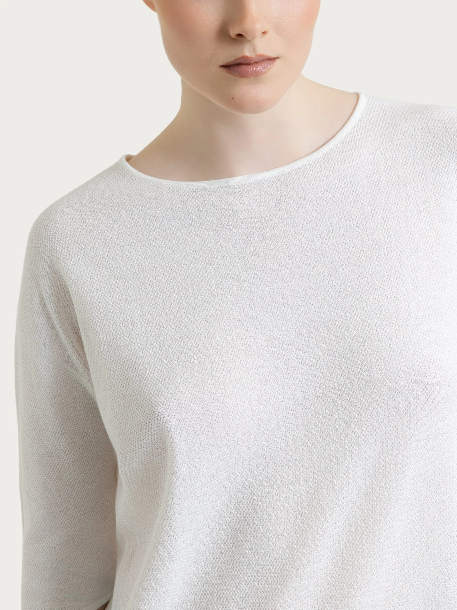 Maglia girocollo in punto piquet di puro cotone - Bianco - Image 3