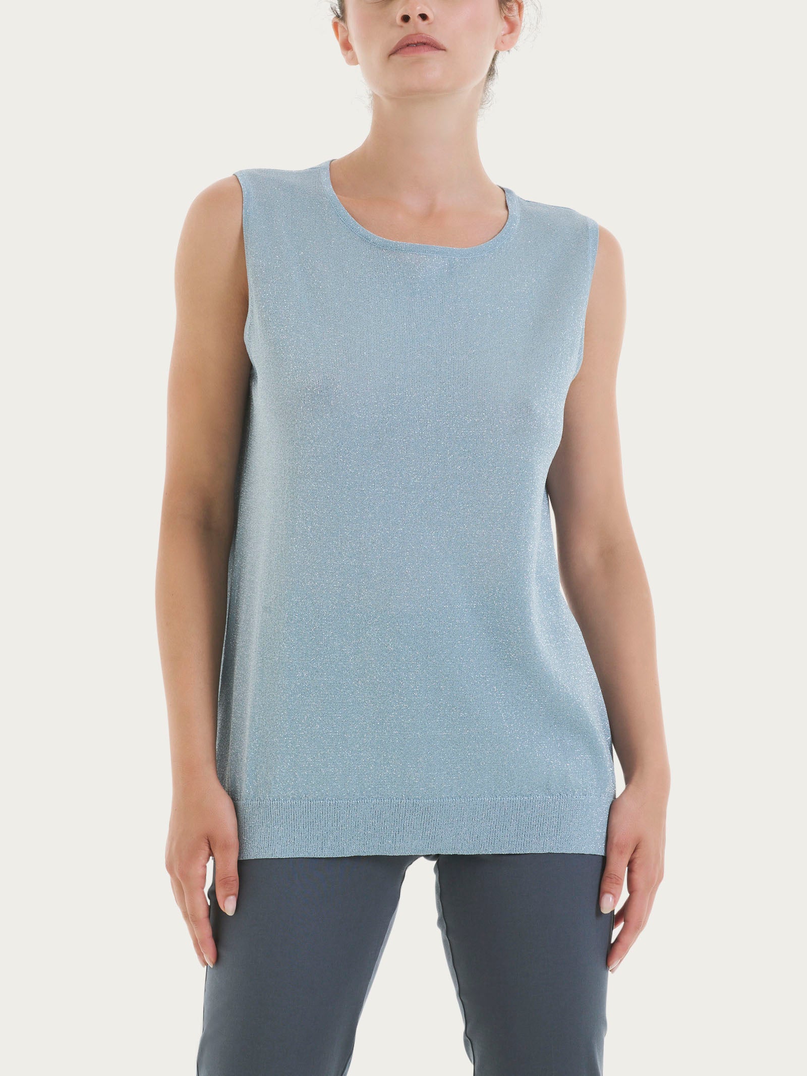 Maglia smanicata in Crêpe Lurex - Dusty Blue