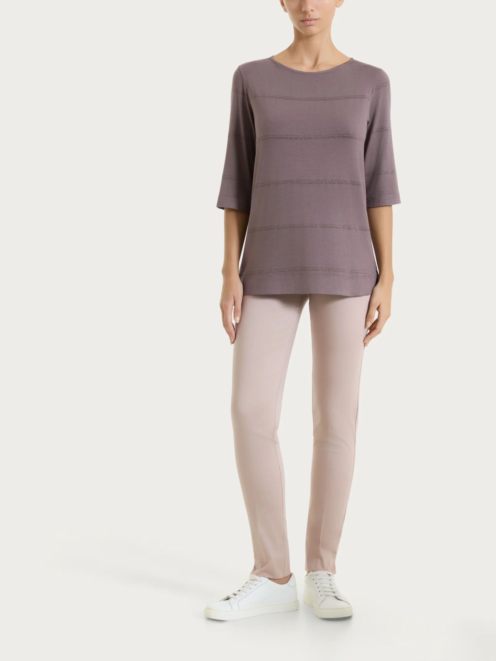 Maglietta a righe con manica 3/4 in Viscosa Summer e Lurex - Fant. Plum Truffle riga spaziata - Image 5