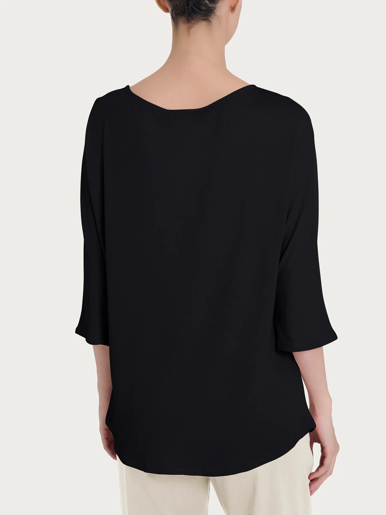 Maglietta con manica 3/4 kimono in Misto Viscosa - Nero - Image 2