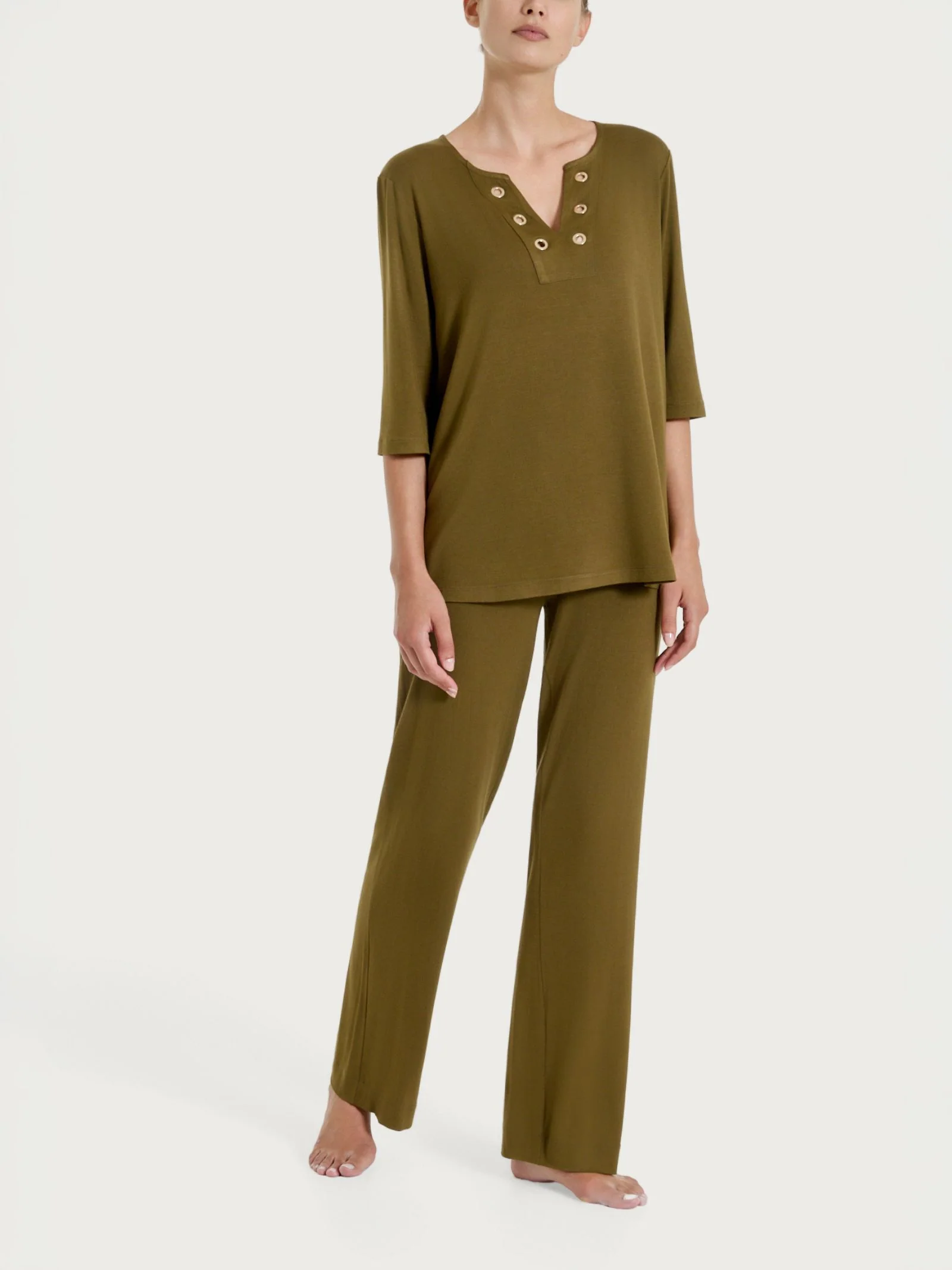 Maglietta con scollo a V e occhielli in Viscosa Summer  - Dark Olive - Image 4