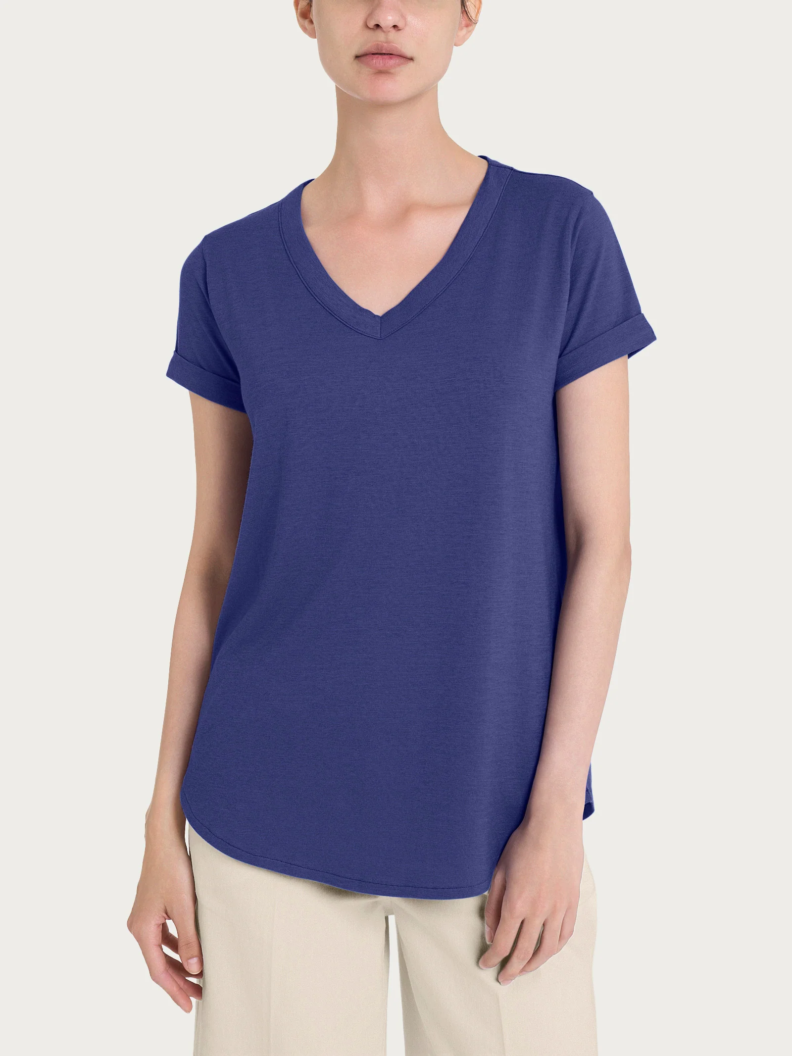 Maglietta con Scollo a V in slub jersey di cotone - Skipper Blue